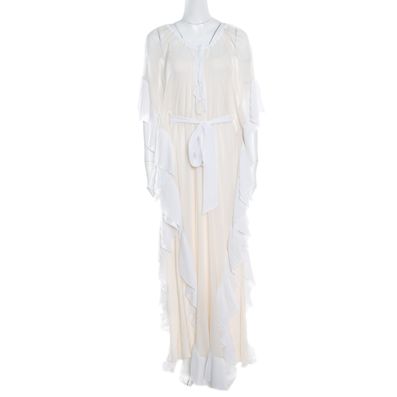 Temperley Cream Silk Pleated Border Detail Belted Keira Kaftan Maxi ...