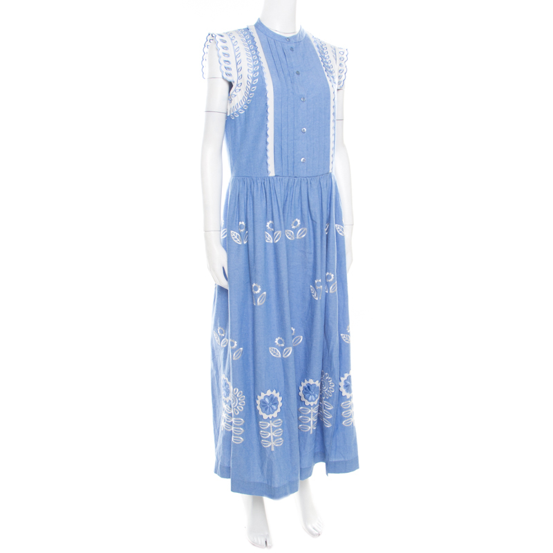 Pre-owned Temperley Blue And White Embroidered Scallop Detail Maxi Dress M