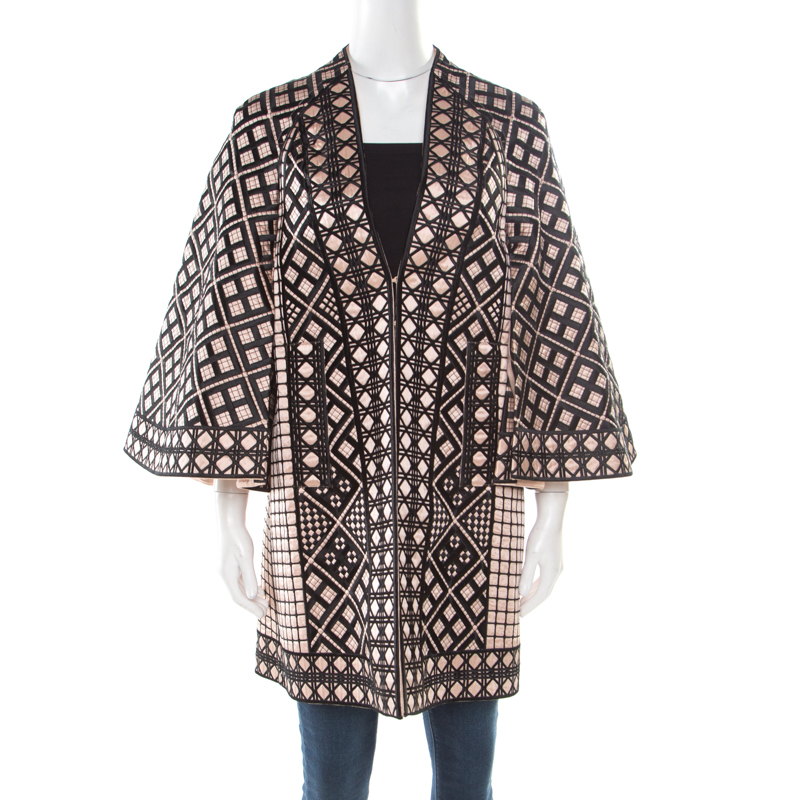 Pre Owned Temperley London Pink and Black Embroidered Silk Flared Sleeve A Line Coat S