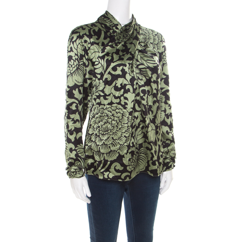 

Temperley Black and Green Floral Printed Textured Silk Faux Wrap Front Top