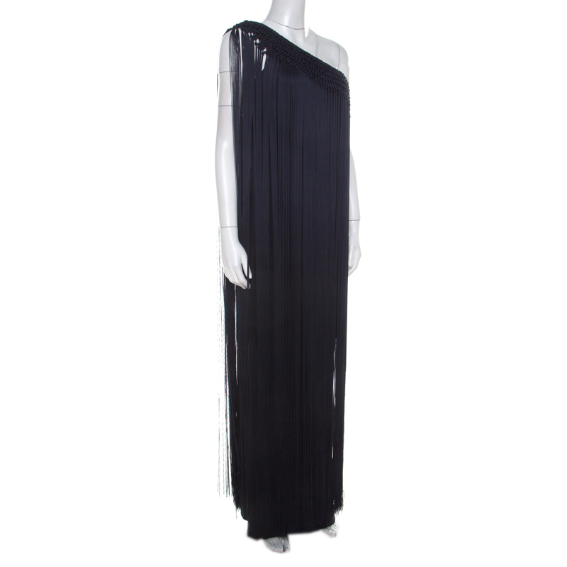 

Temperley London Navy Blue Silk Macramé Tasseled Trim One Shoulder Gown