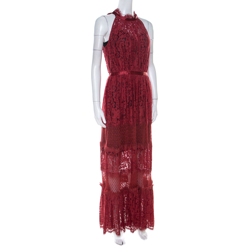 

Temperley London Red Floral Sheer Lace Tiered Sleeveless Maxi Dress