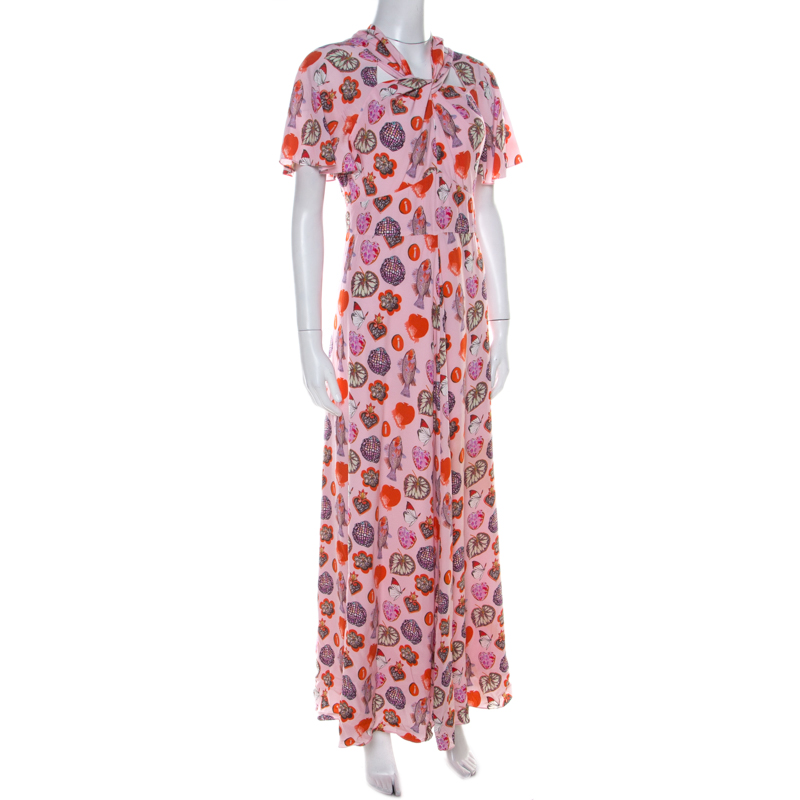 

Temperley Blush Pink Printed Crepe Twisted Neck Detail Elixir Dress