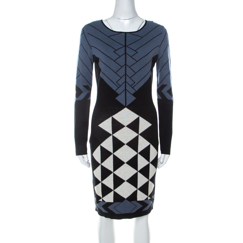 Temperley Black and Blue Knit Fitted Amedee Dress L 