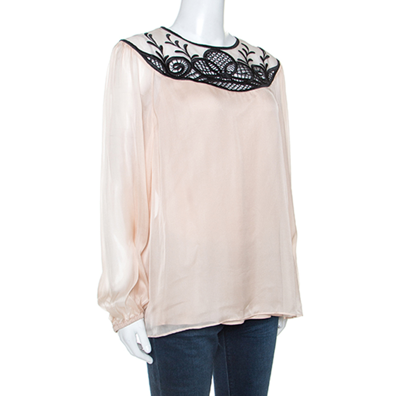 Pre-owned Temperley Pale Pink Chiffon Contrast Embroidery Detail Blouse L