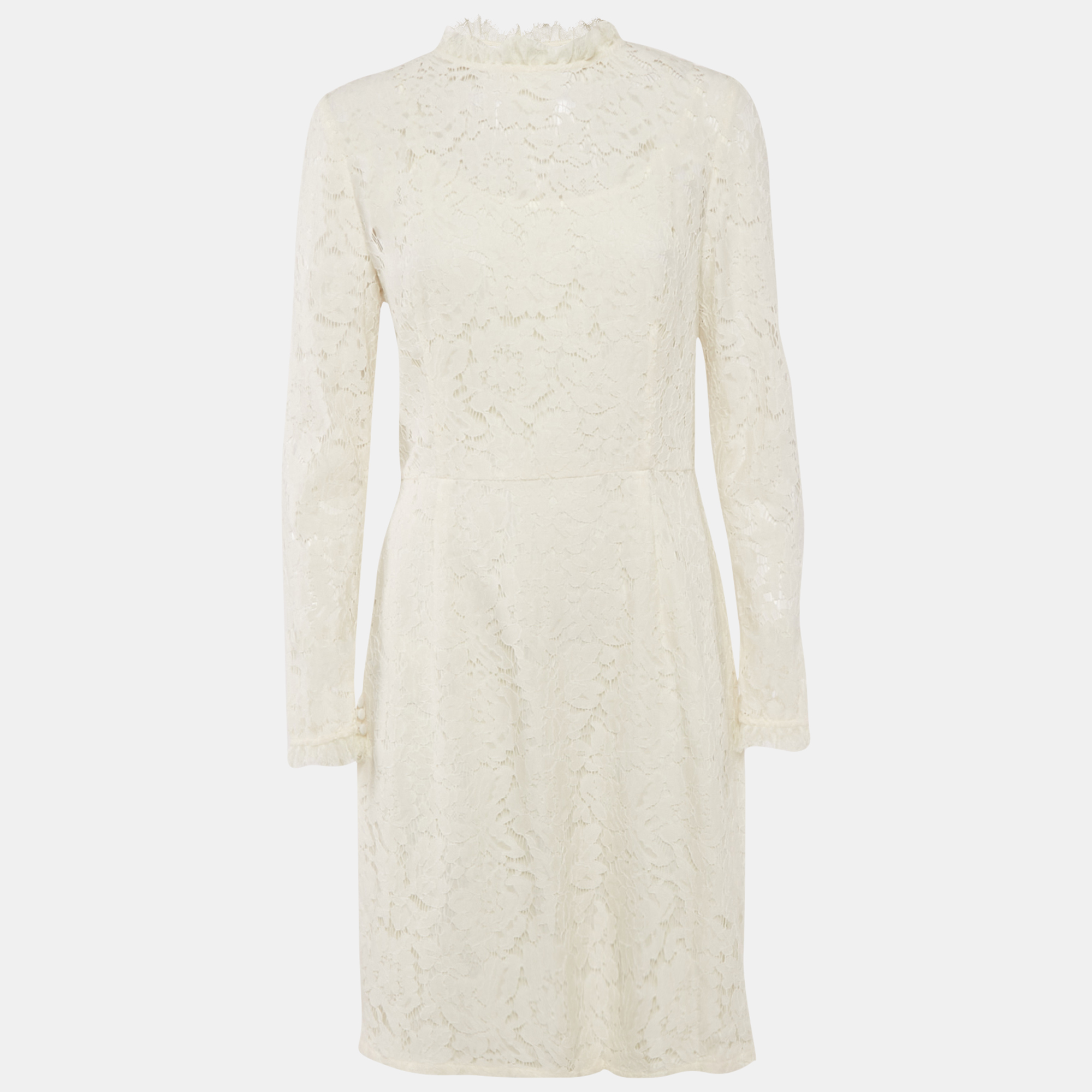 

Temperly London Off-White/Ivory Floral Lace Ruffled Short Dress L