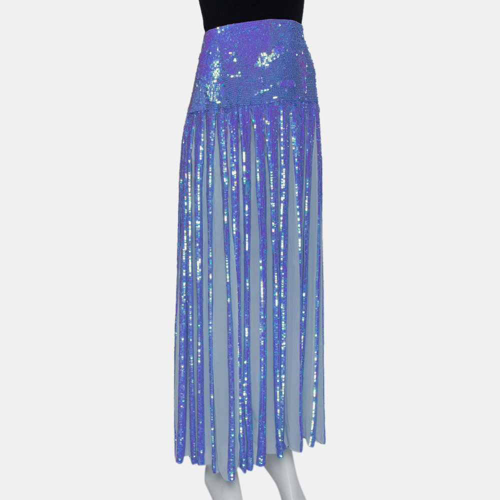 

Temperly London Blue Chiffon Sequin Embellished Filigree Maxi Skirt