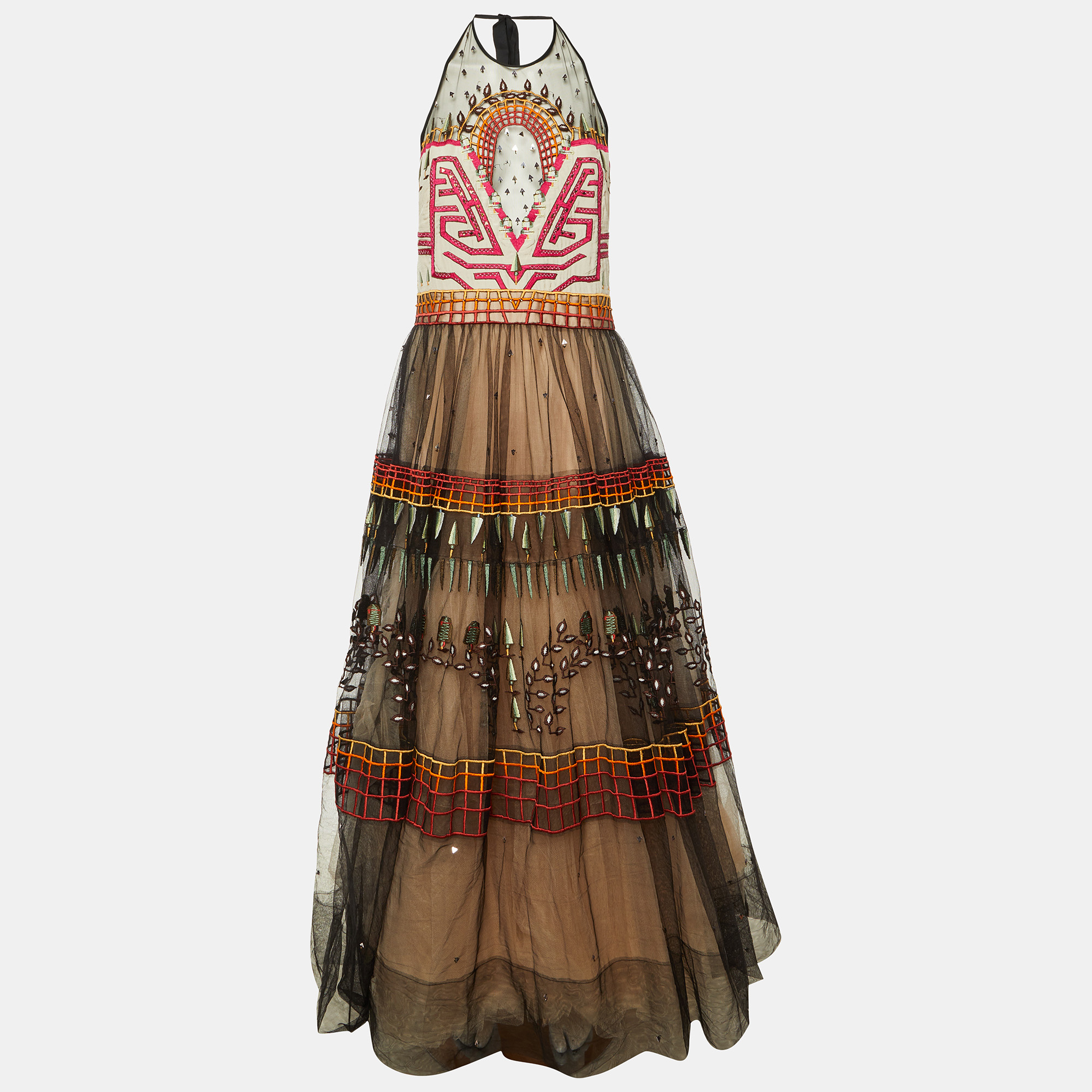 

Temperley London Black Maze Embroidered Tulle Halter Neck Dress XL