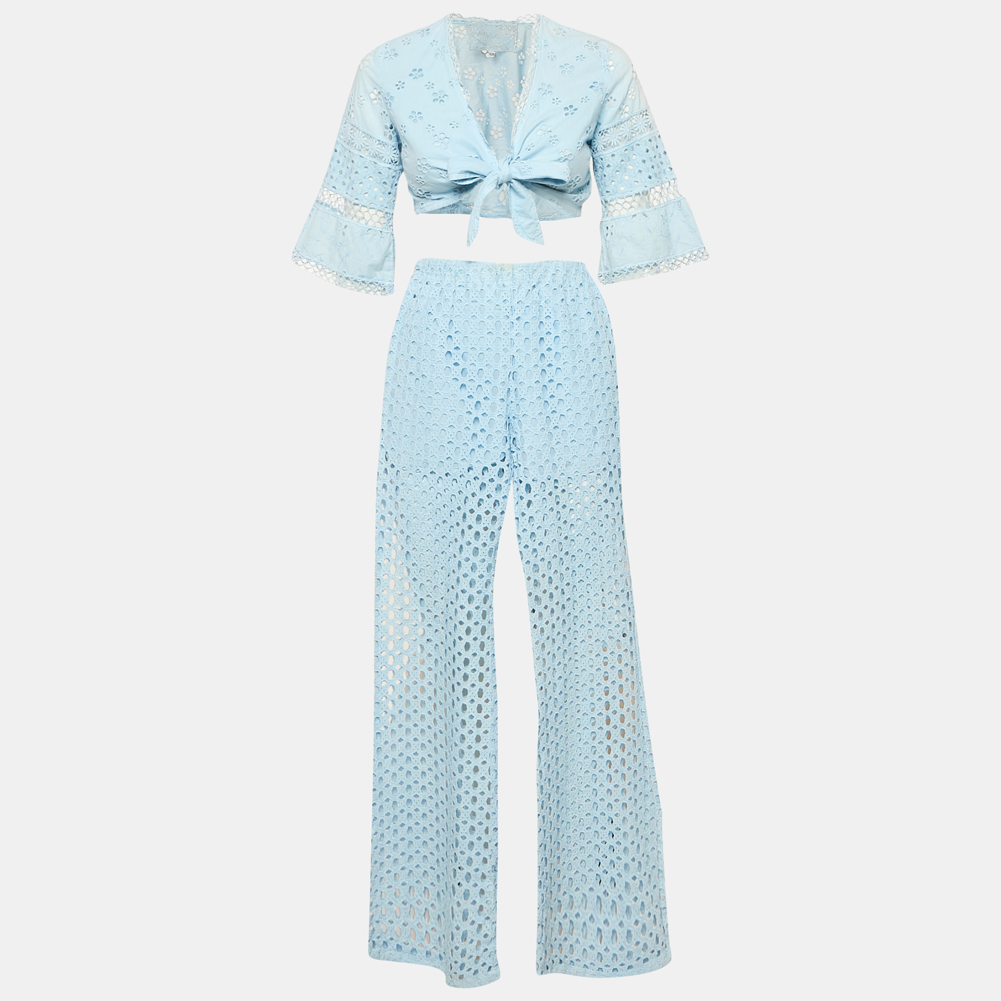 Pre-owned Temptation Positano Blue Broderie Anglaise Wrap Top And Pants Set Xs