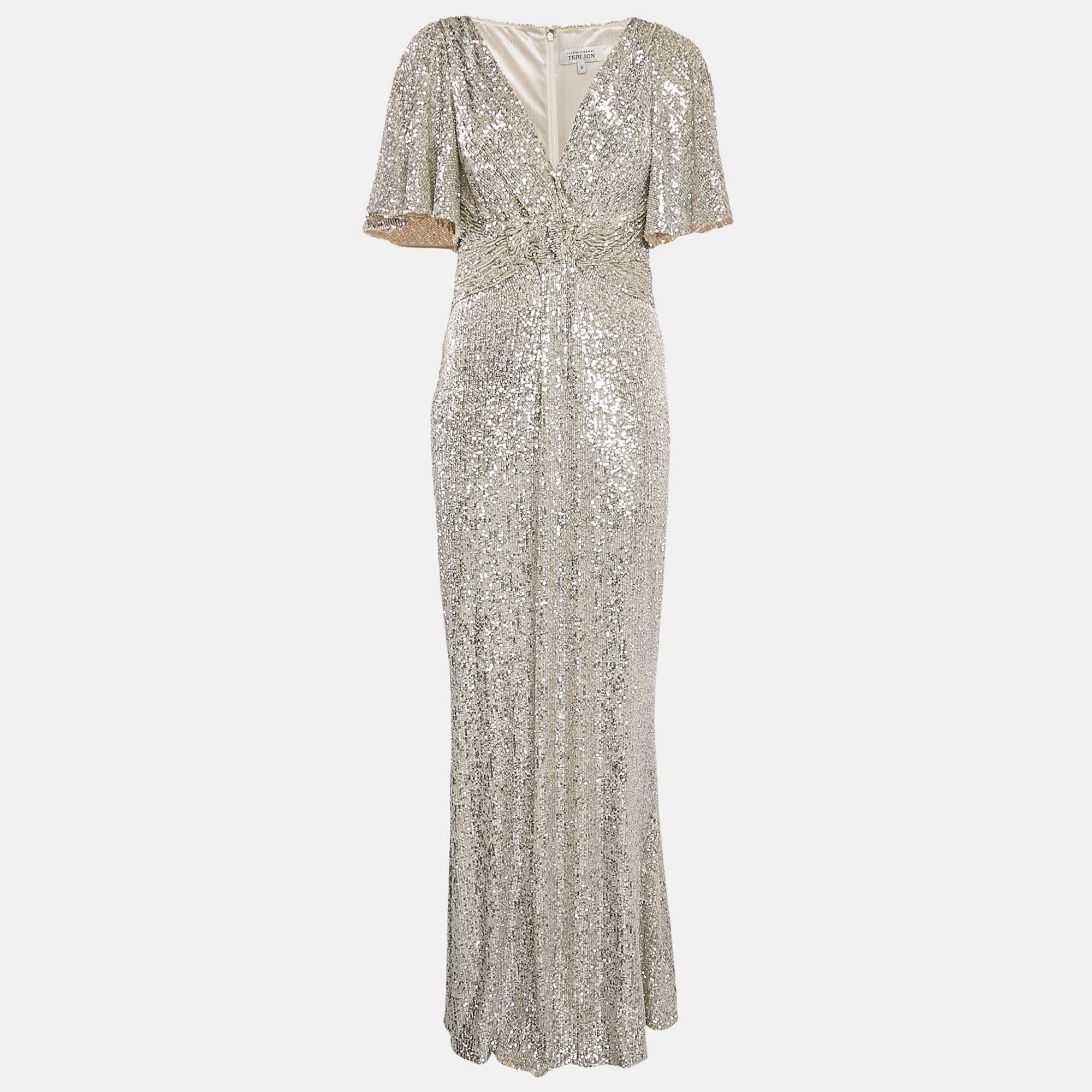 

TERI JON by Rickie Freeman Metallic Sequin Knit V-Neck Maxi Dress M