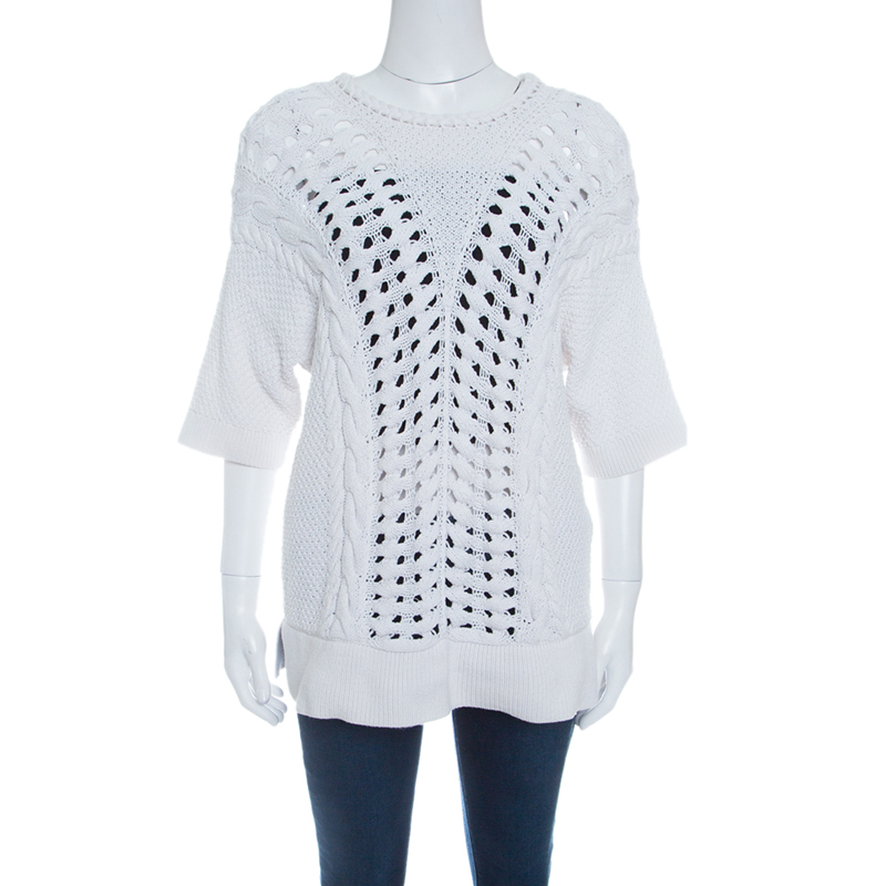 

Thakoon Off White Chunky Perforated Knit Rib Trim Short Sleeve Top