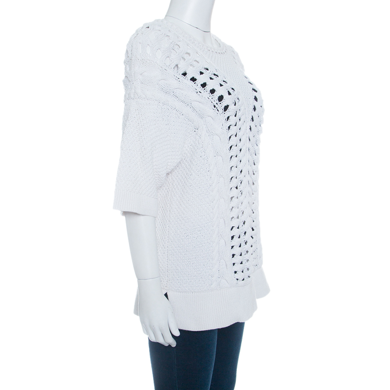 Pre-owned Thakoon Off White Chunky Perforated Knit Rib Trim Short Sleeve Top M