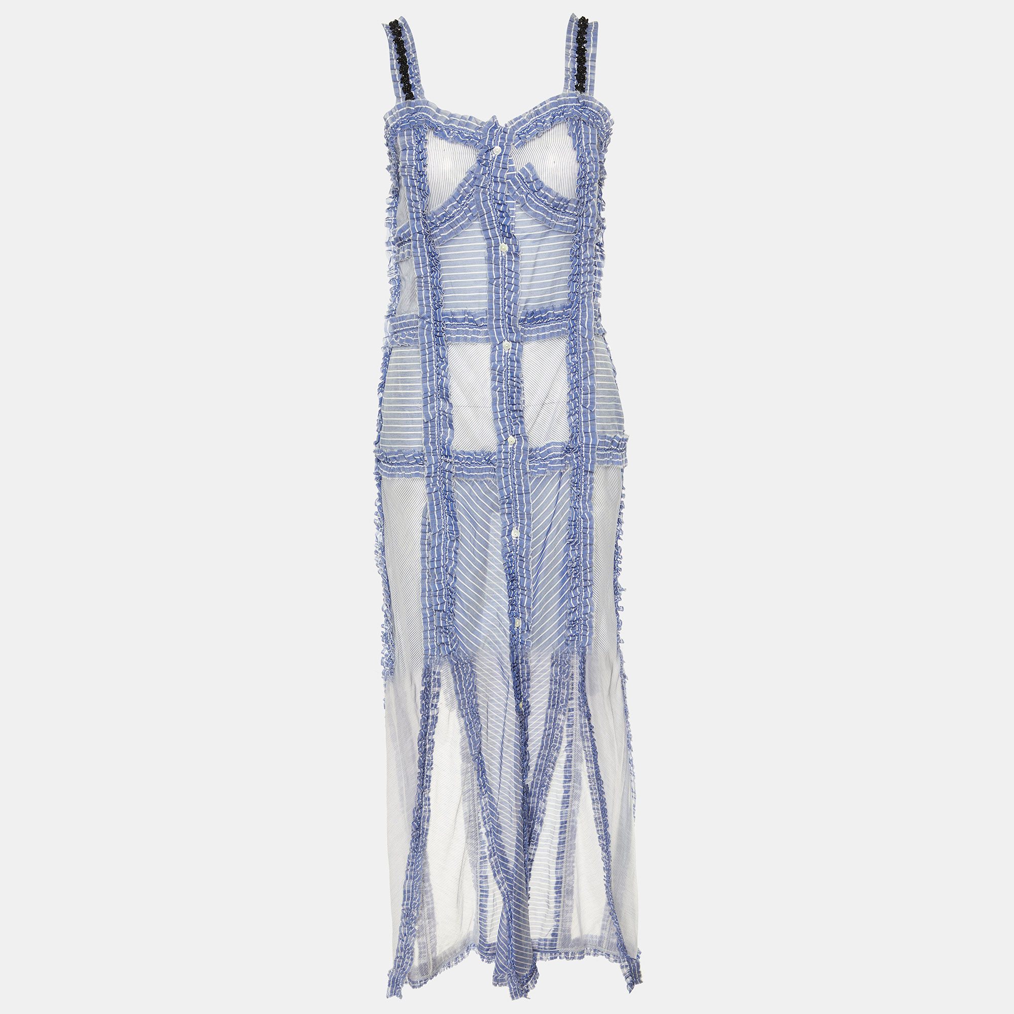 Pre Owned The Attico Blue Striped Cotton & Silk Ruffled Detail Slit Maxi Dress M