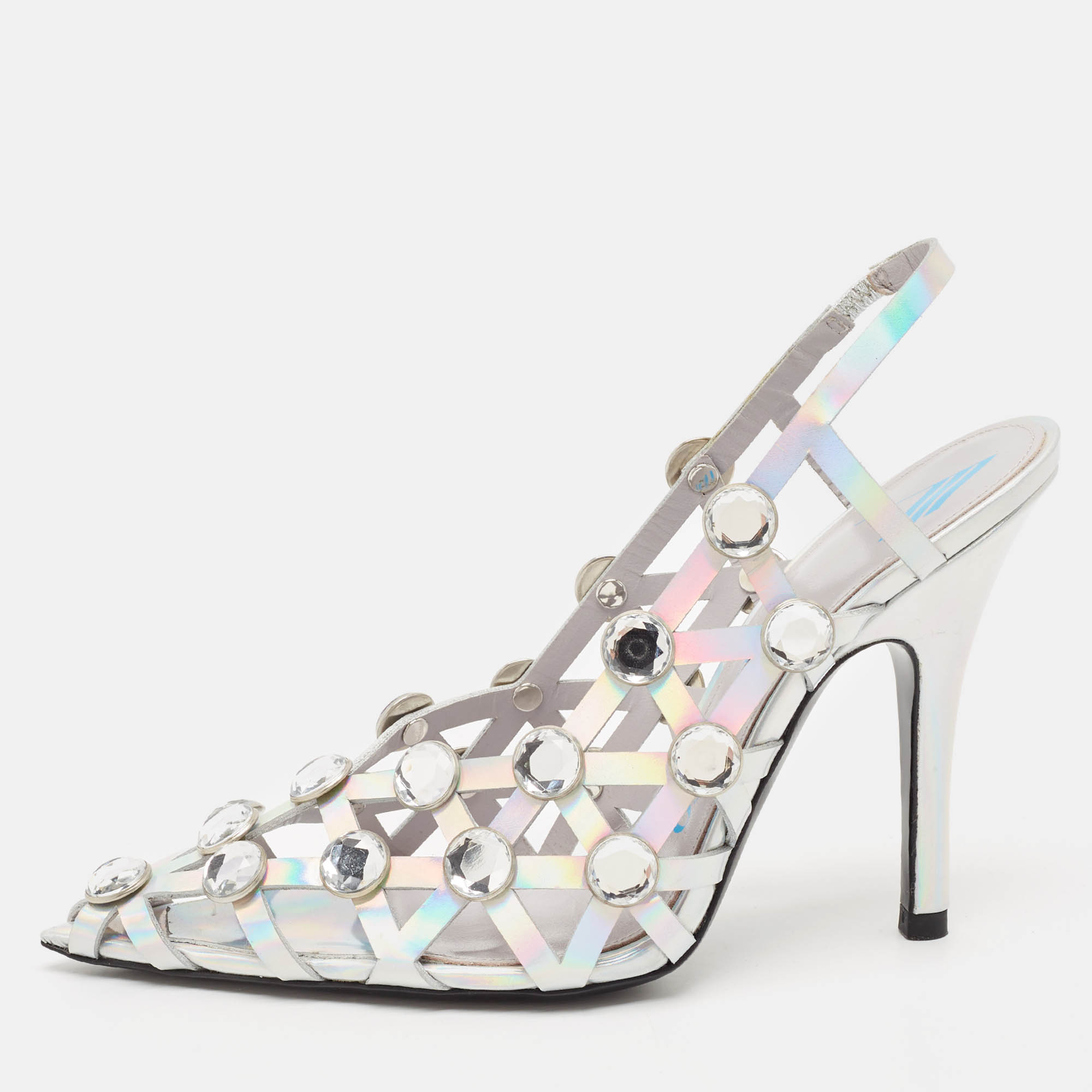 

The Attico Silver Iridescent Leather Grid Slingback Pumps Size