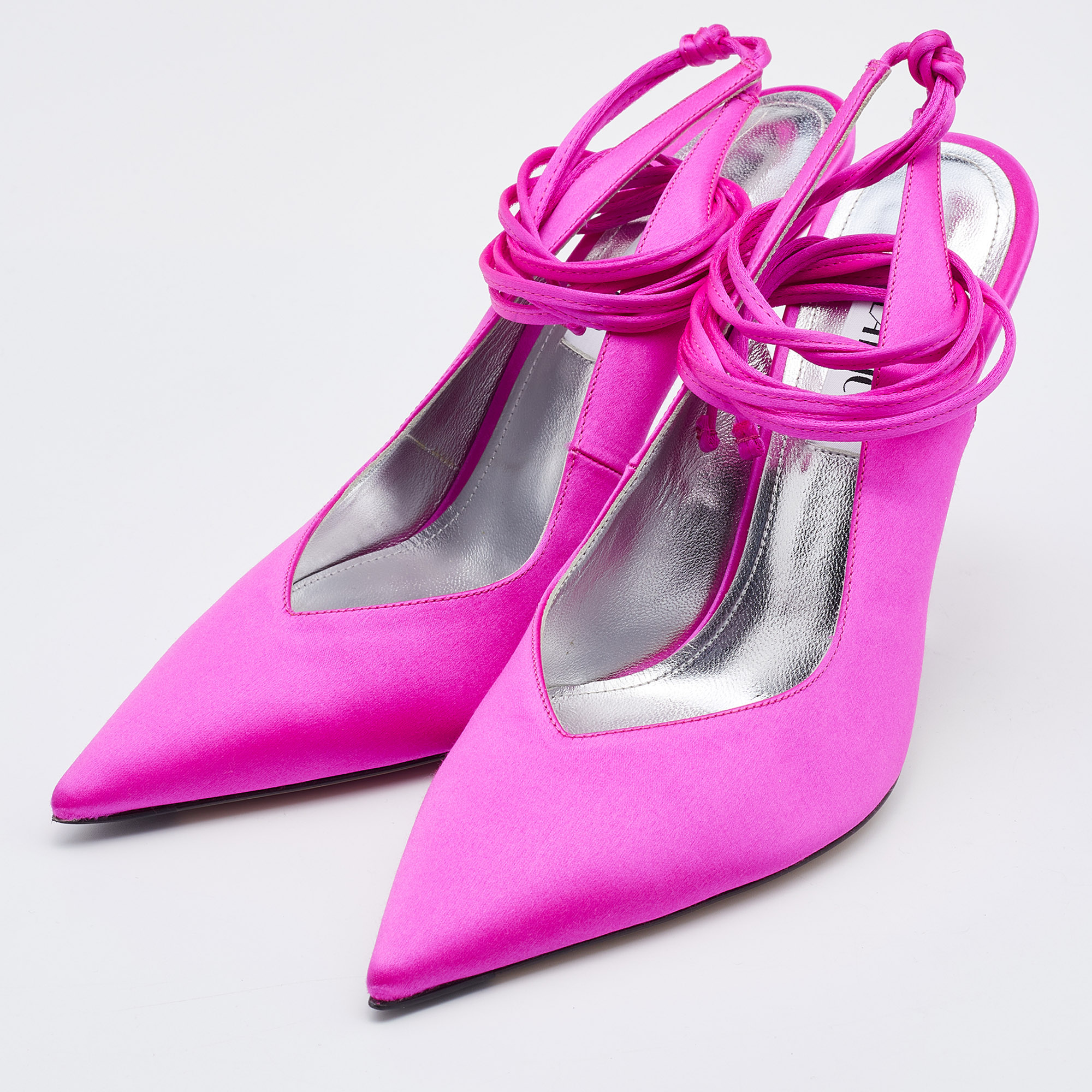 

The Attico Neon Pink Satin Venus Ankle Wrap Pointed Toe Pumps Size