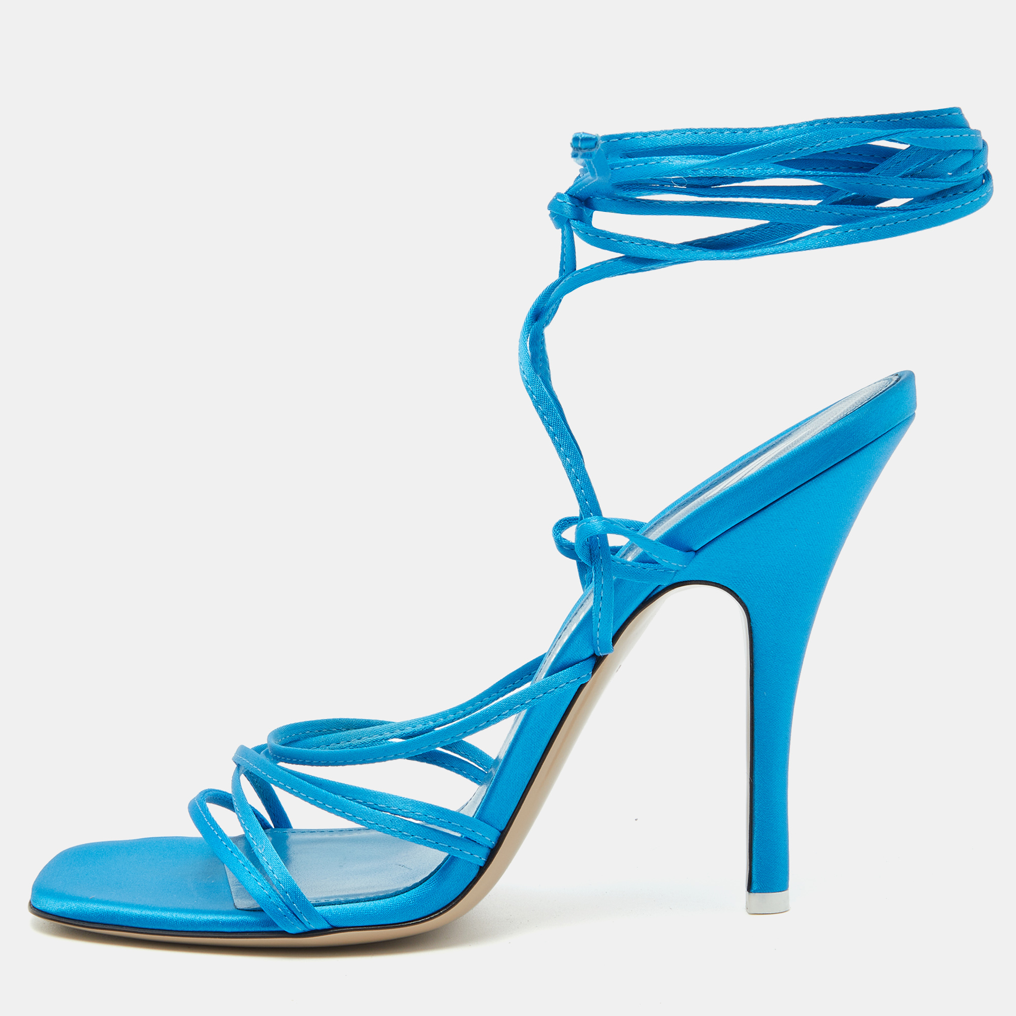 Pre-owned Attico Blue Satin Ankle Strap Lace Up Sandals Size 40