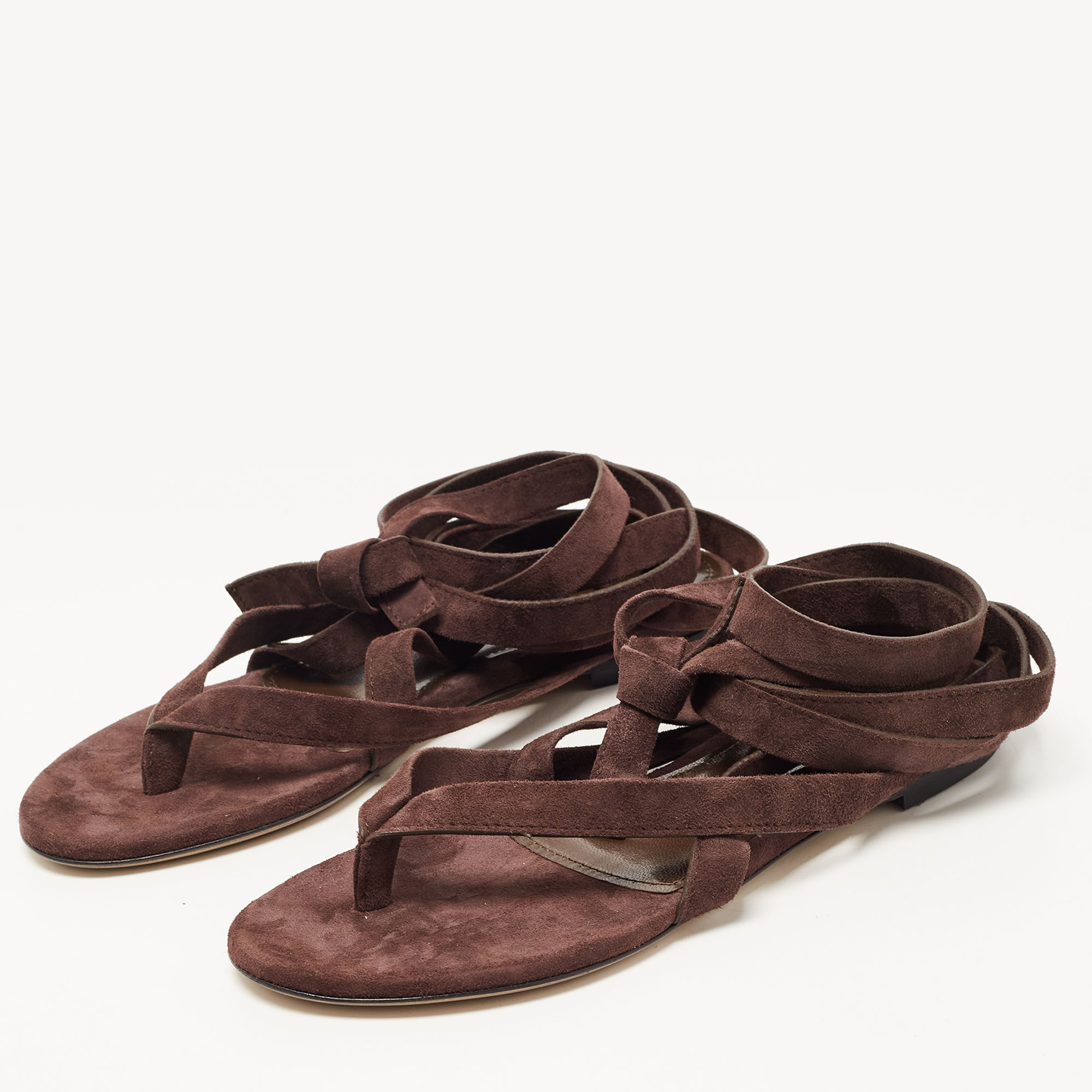 

The Attico Brown Suede Ankle Wrap Flat Sandals Size