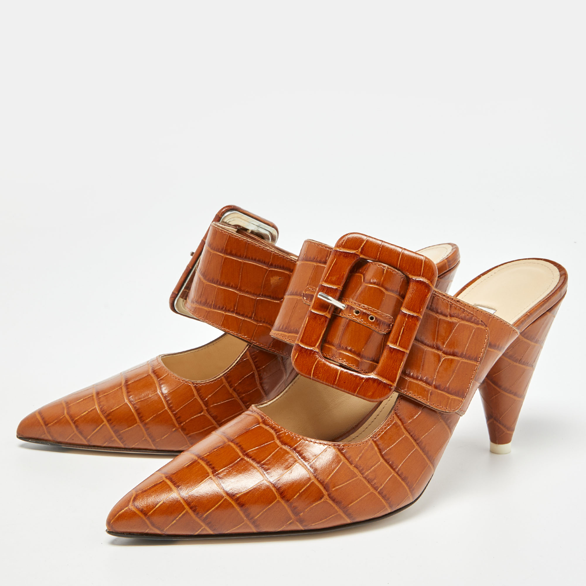 

The Attico Brown Croc Embossed Leather Chloe Mules Size
