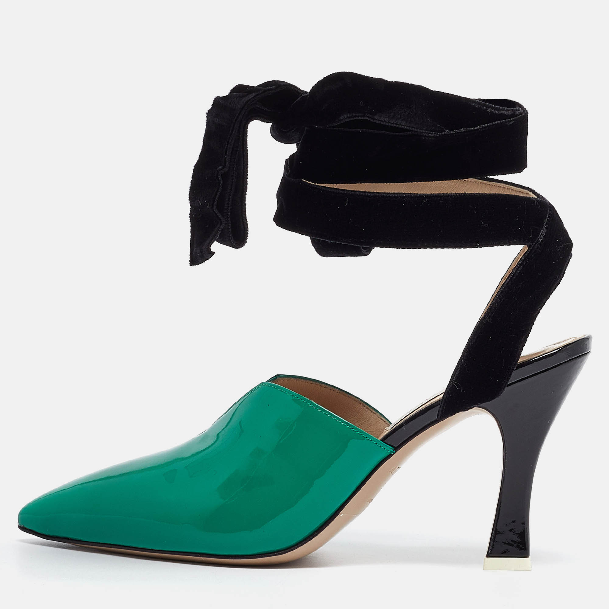 

The Attico Green/Black Patent Leather and Velvet Pointed Toe Ankle Wrap Pumps Size