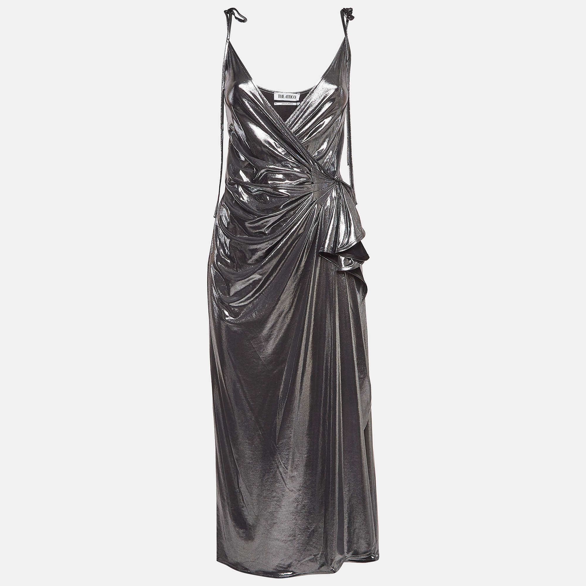 

The Attico Metallic Silver Lamé Fan Detail Long Dress XS