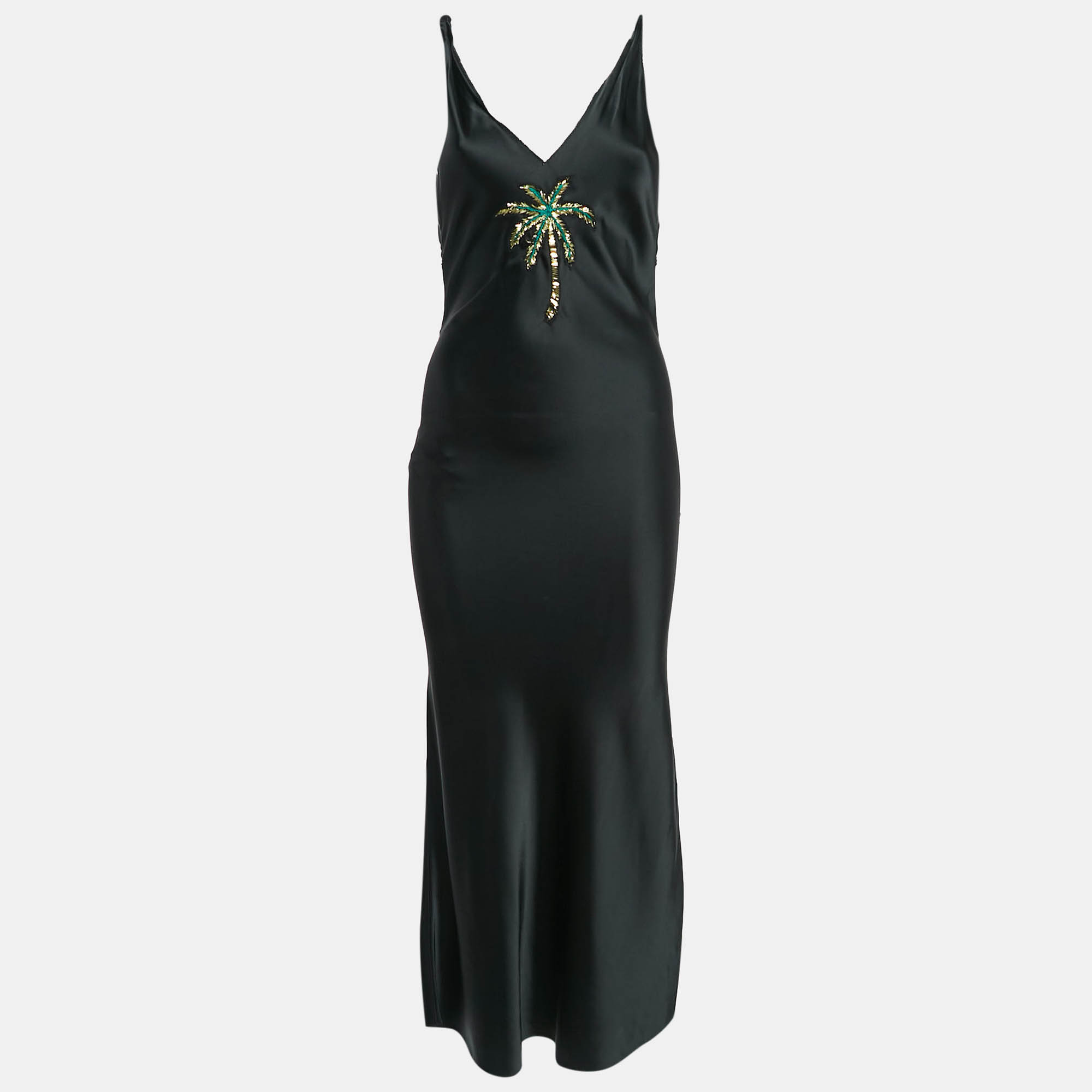 

The Attico Black Palm Tree Embroidery Silk Raw Edges Maxi Dress S