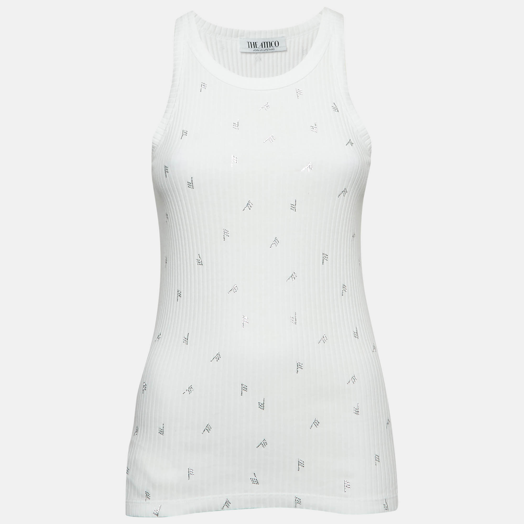 Pre-owned Attico White F Rhinestone Rib Knit Tank Top M
