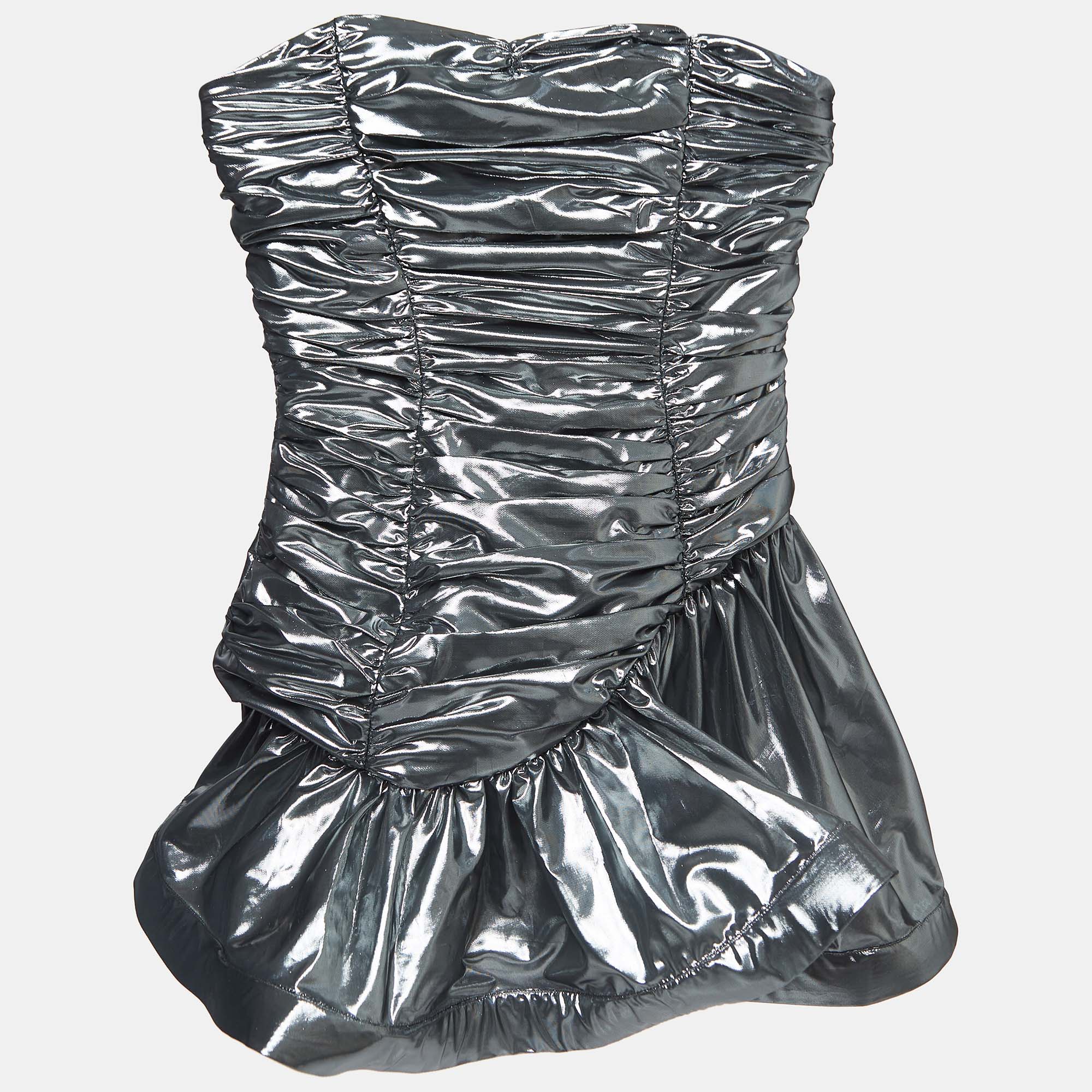 Pre-owned Attico Silver Lame Ruched Strapless Mini Dress S