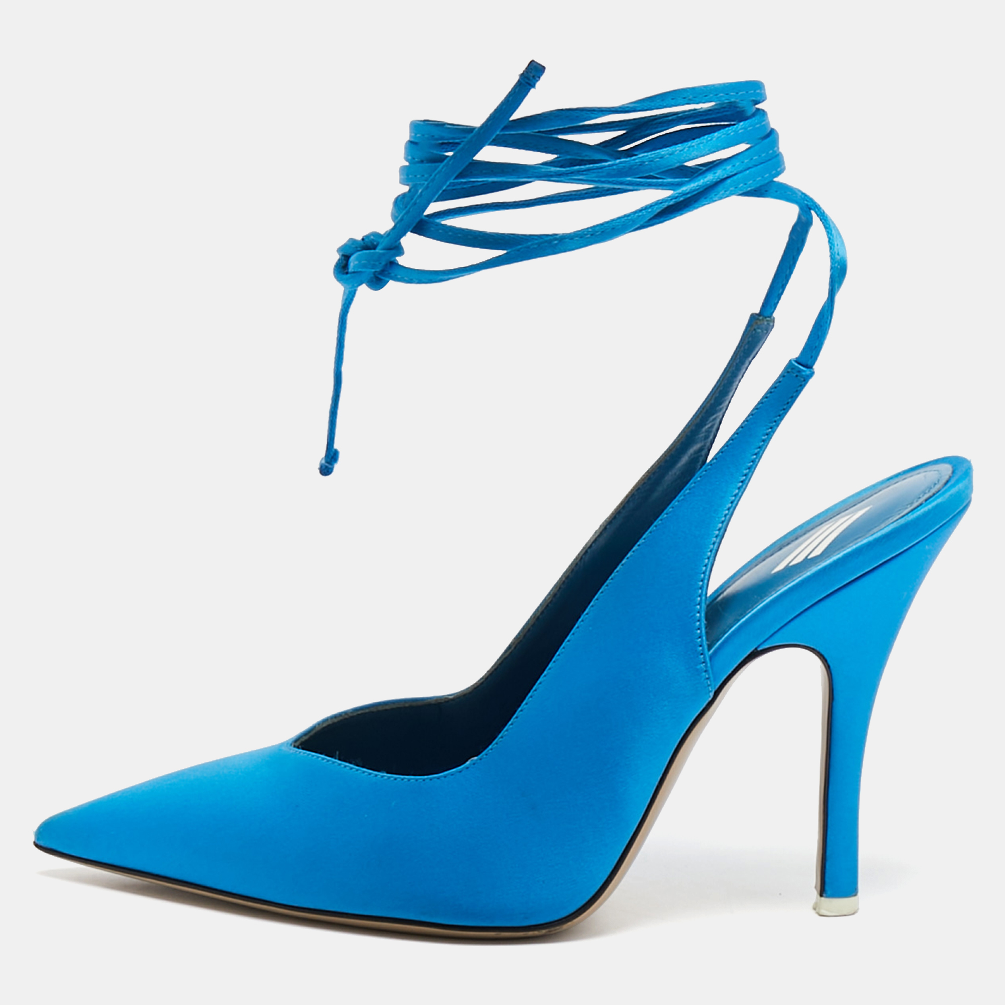 

The Attico Blue Satin Pointed Toe Ankle Wrap Pumps Size