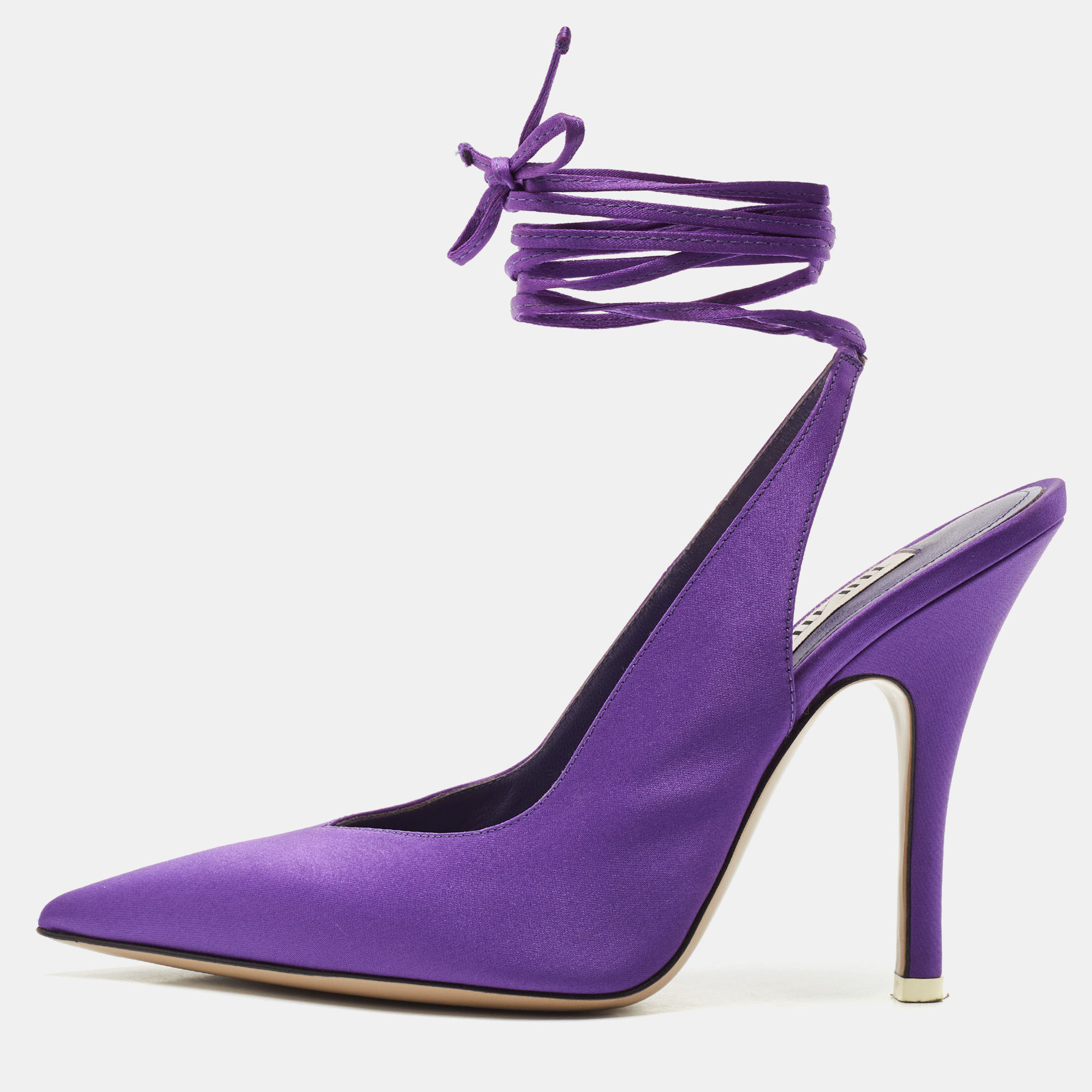 

The Attico Purple Satin Venus Pointed Toe Ankle Wrap Pumps Size