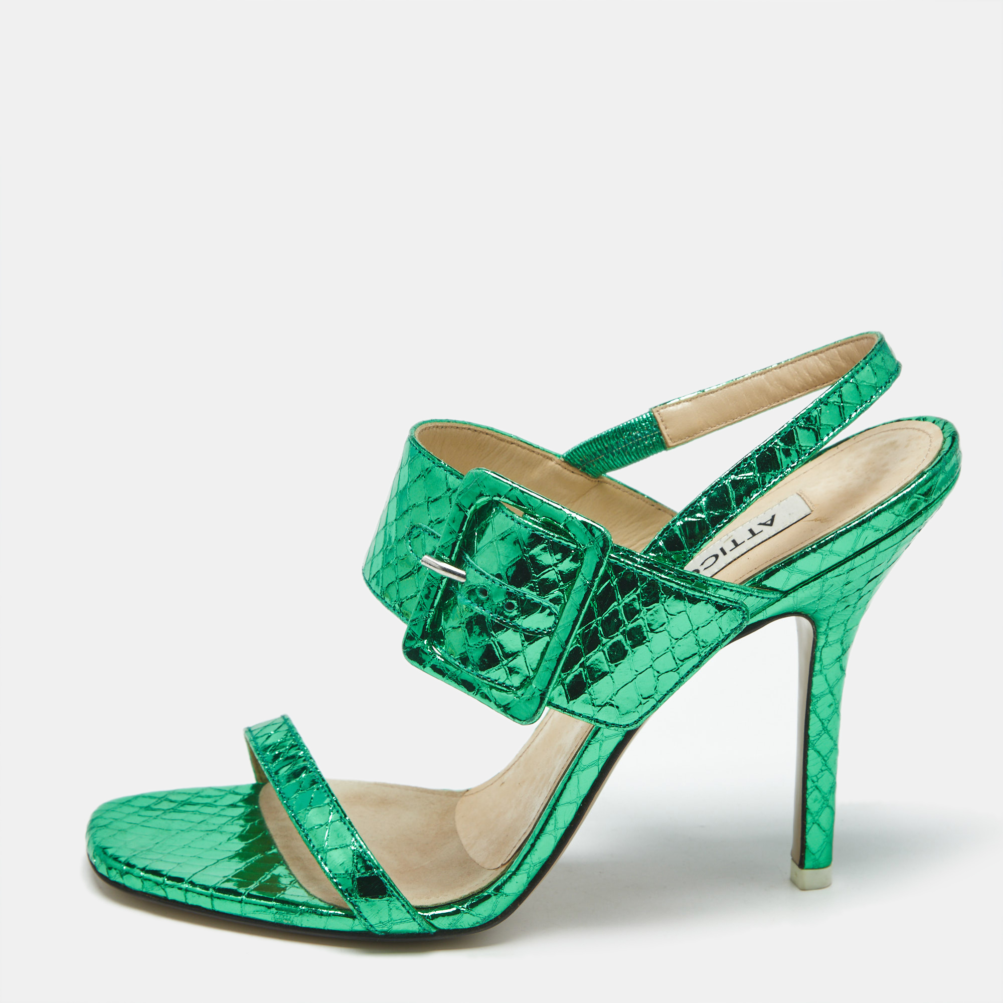 Pre-owned Attico Green Python Embossed Leather Mariah Ankle Strap Sandals Size 39