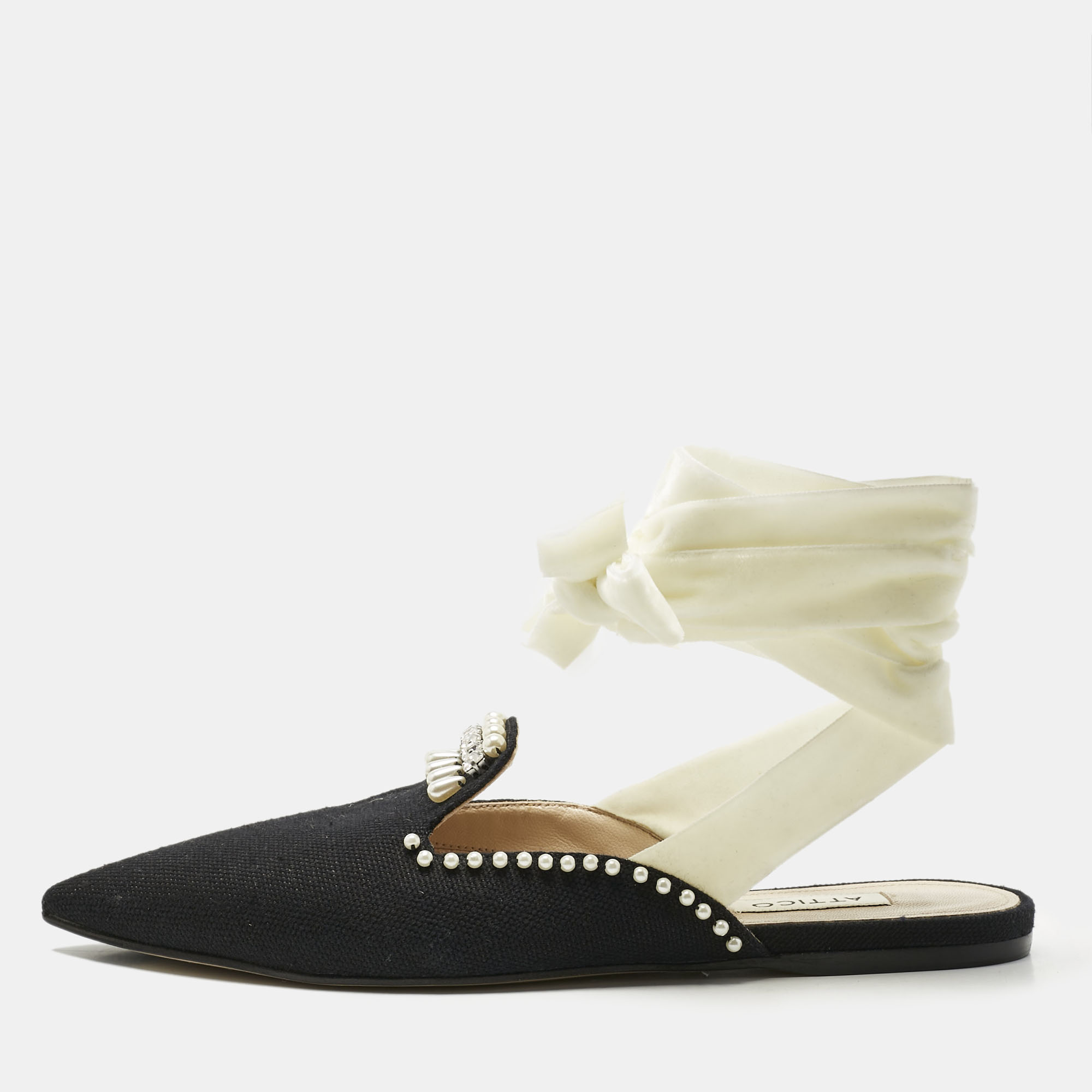 Pre-owned Attico Black Canvas Crystal Embellished Mules Size 36
