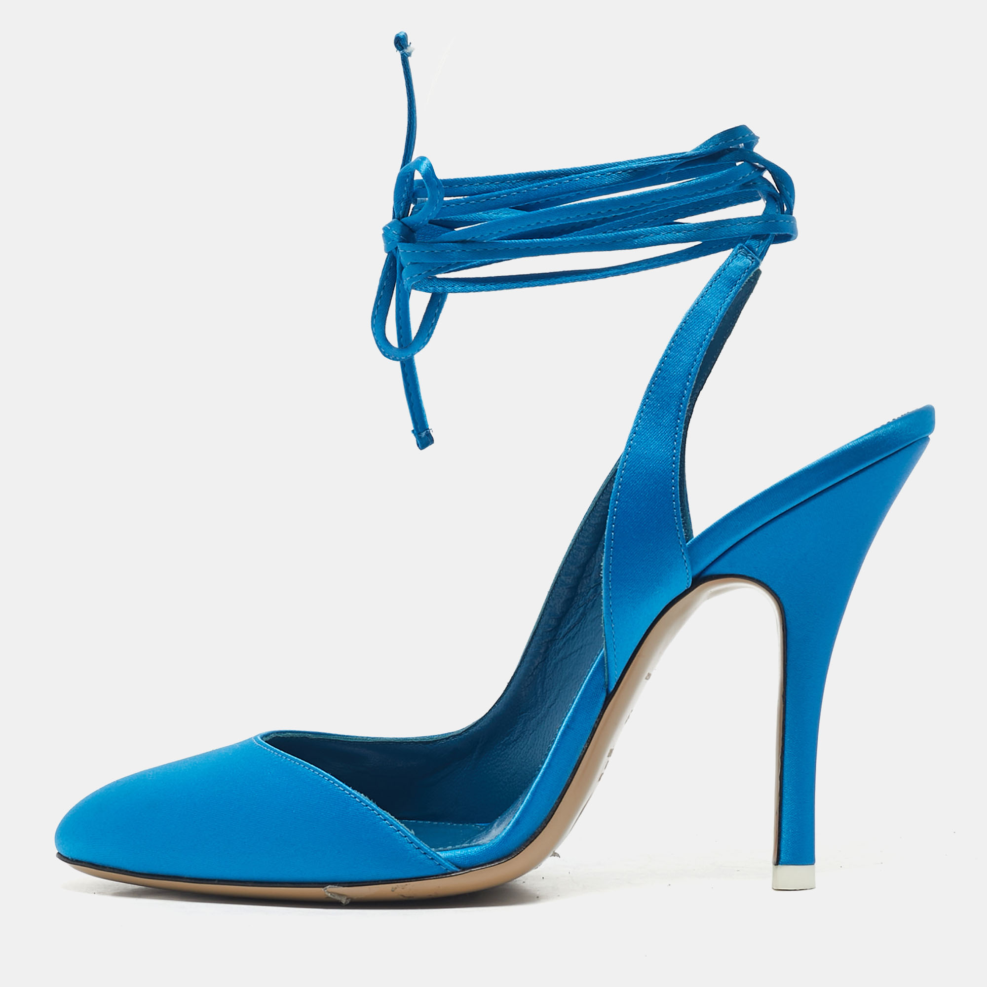 Pre-owned Attico Blue Satin Venus Ankle Wrap Pointed Toe Pumps Size 39