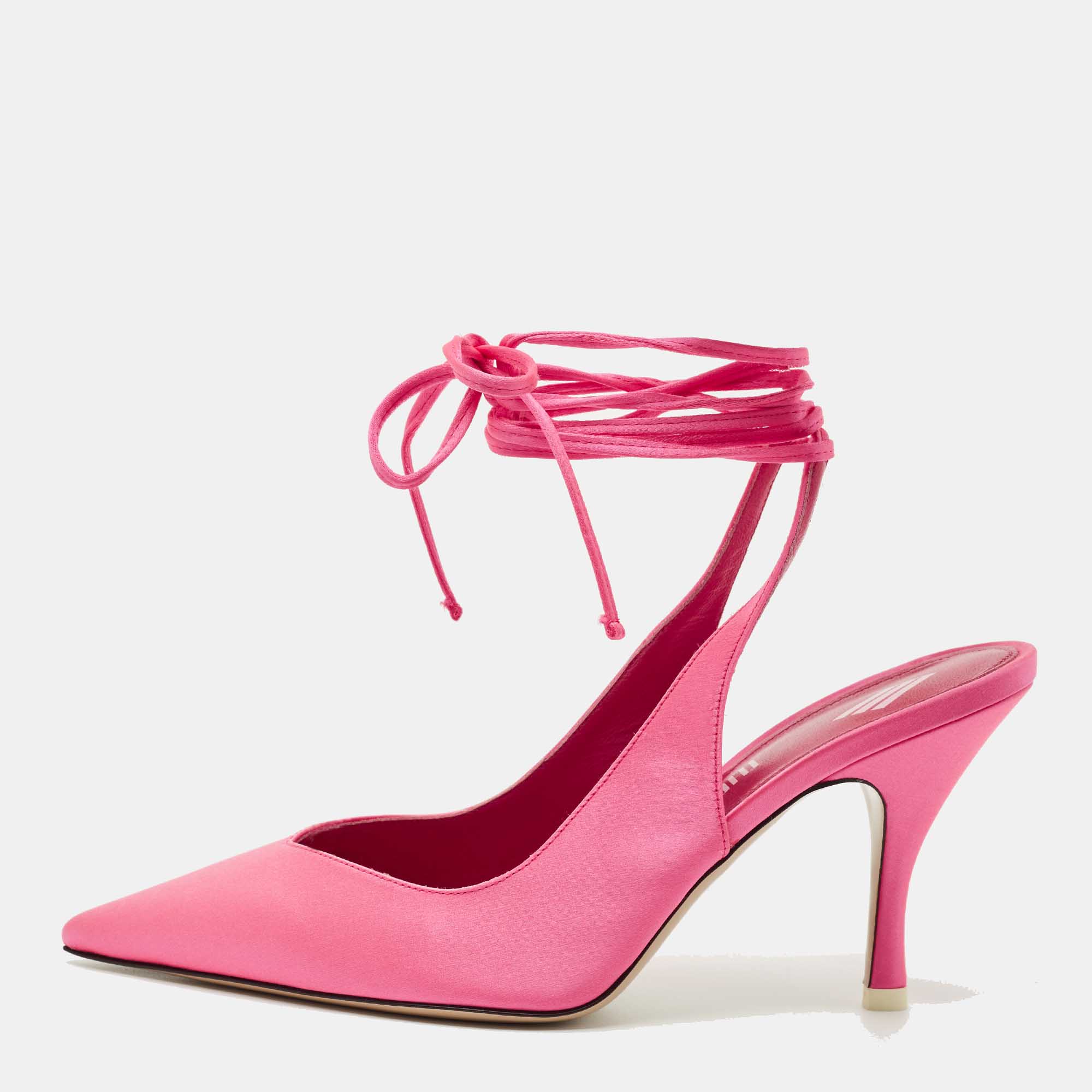 

The Attico Pink Satin Venus Pointed Toe Ankle Tie Pumps Size