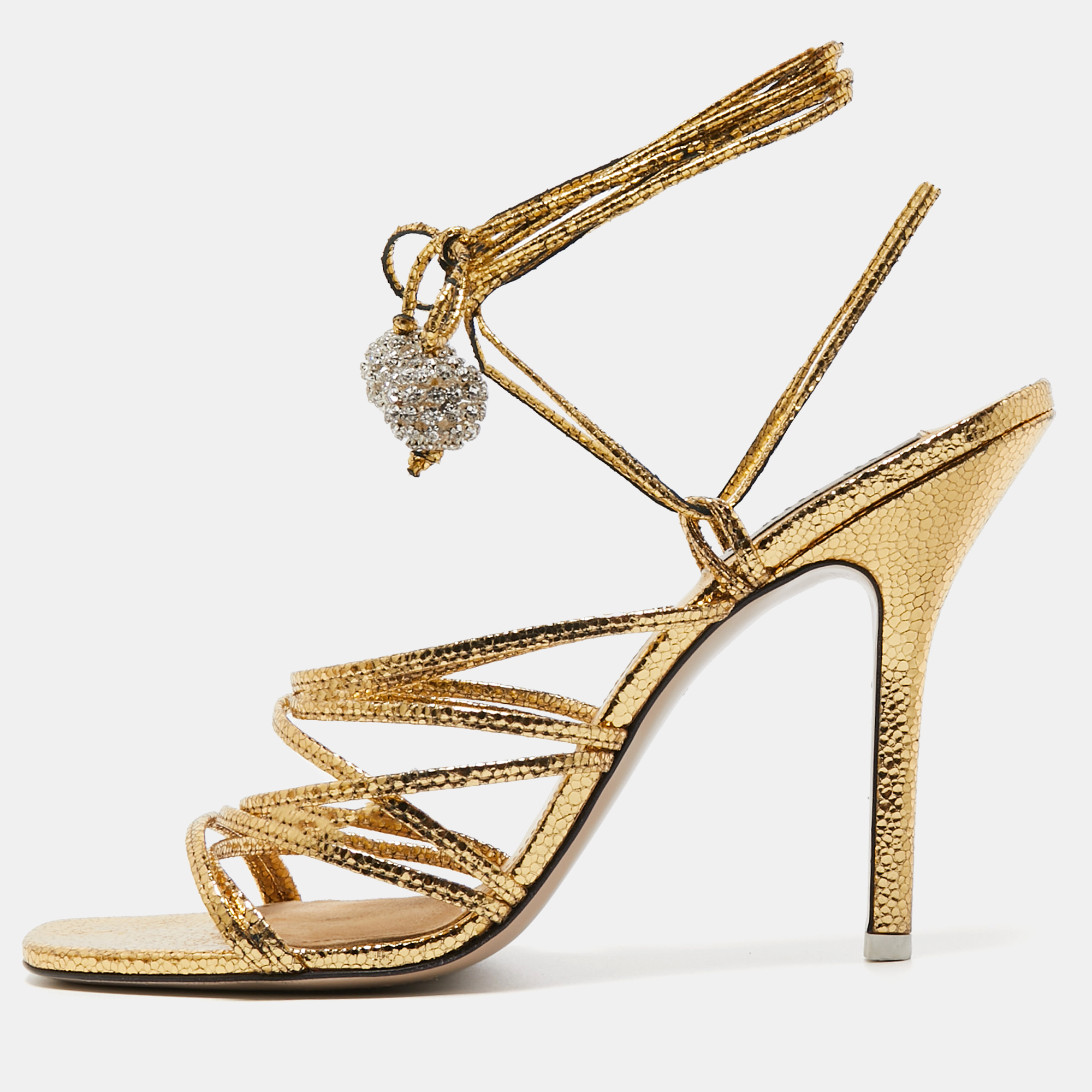 

The Attico Metallic Gold Leather Ankle Wrap Sandals Size