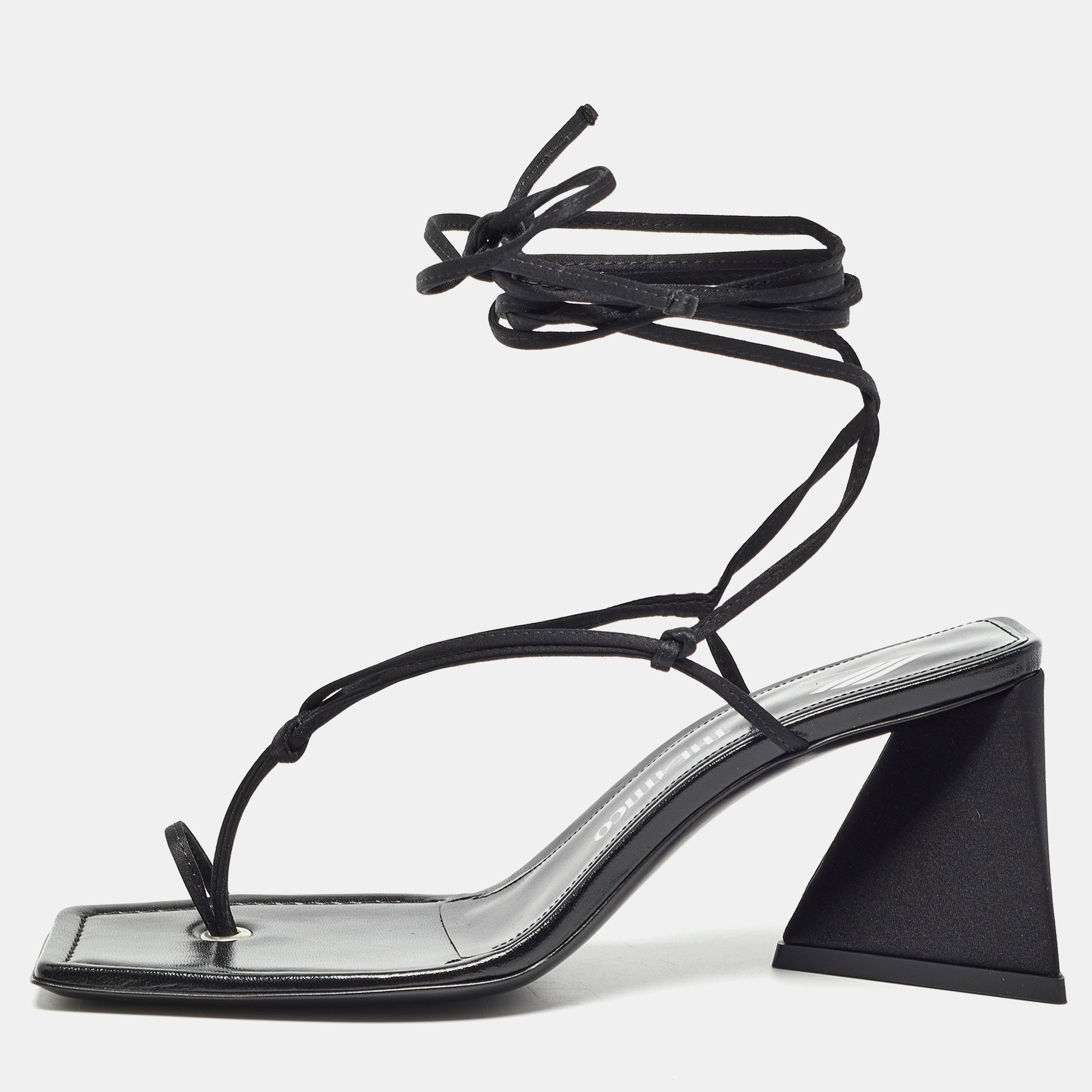

The Attico Black Satin and Leather Mona Ankle Wrap Sandals Size