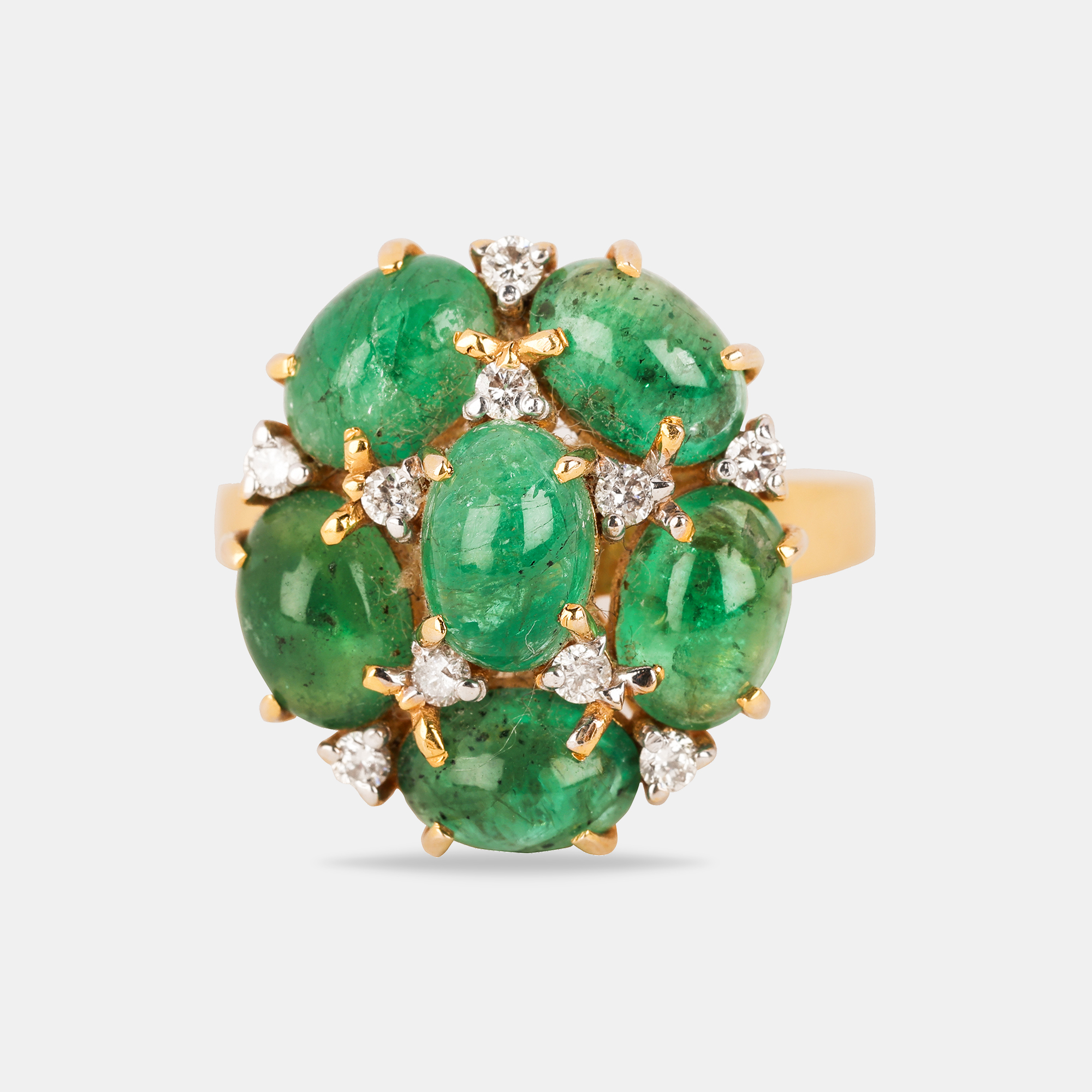 

14K Gold Natural Zambian Cabachon Emerald & Brilliant Round Diamond Ring EU 53