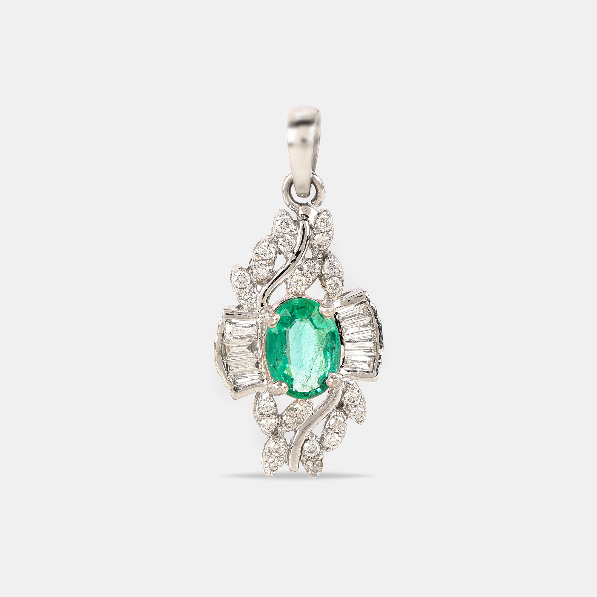 

18K Gold Round And Baguette Natural Zambian Emerald And Diamond Pendant