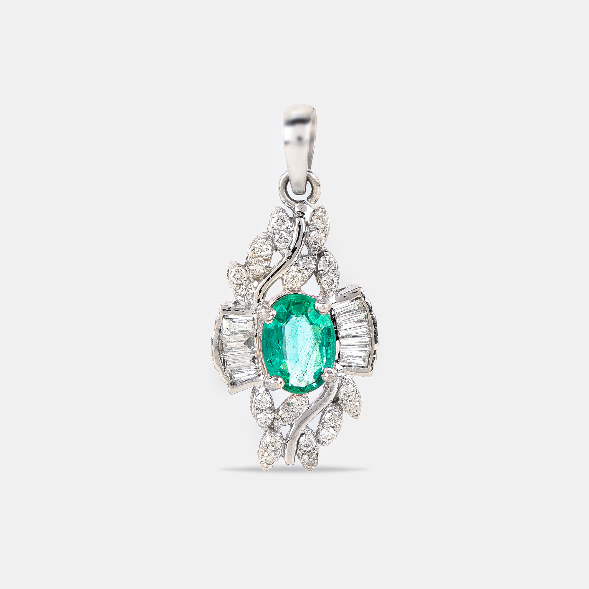 

18K Gold Round And Baguette Natural Emerald And Diamond Pendant