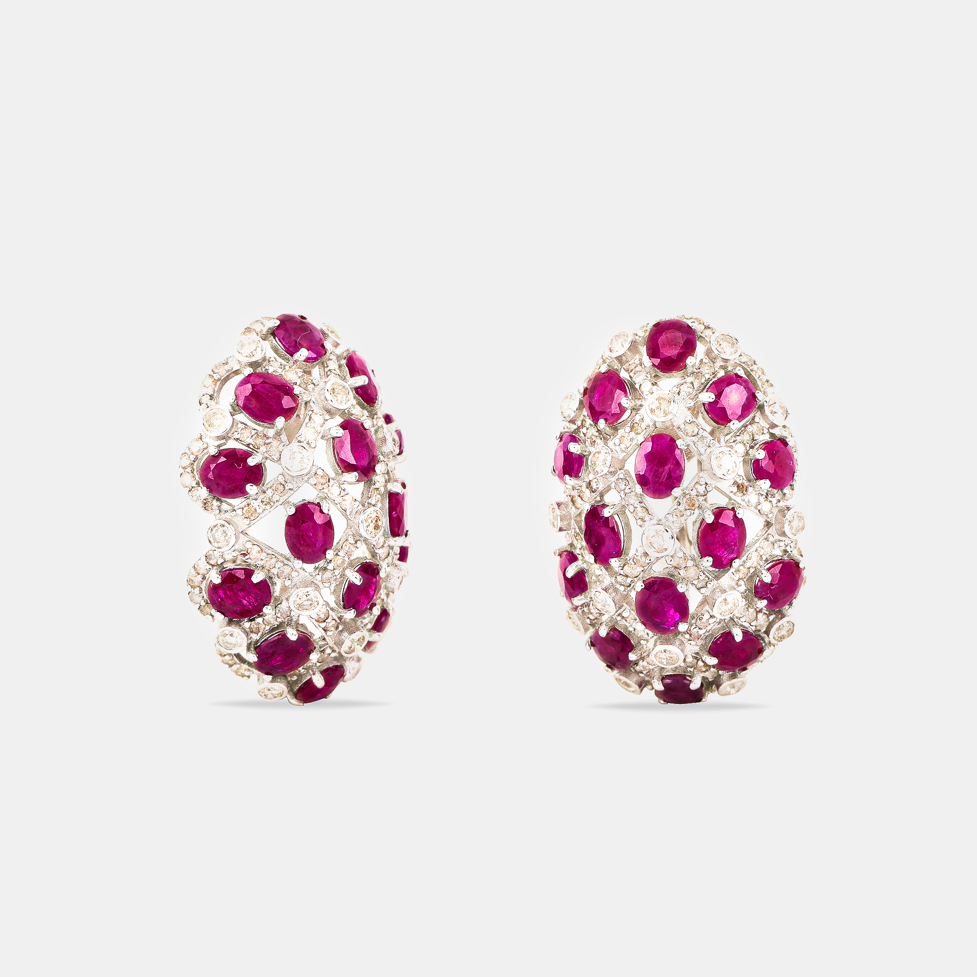 

92.5% Silver Round Brilliant Natural Ruby And Natural Diamond Earrings