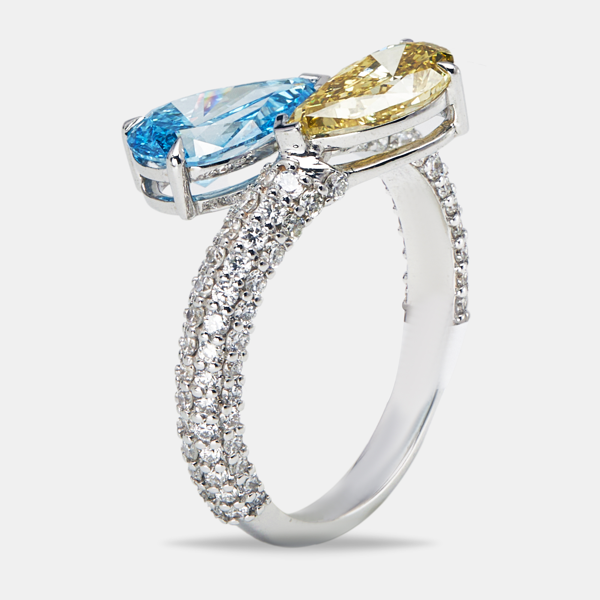 Pre-owned The Diamond Edit 3 Cts Fancy Color Pear And Round Lab Grown Diamond 18k White Gold Ring Size 52