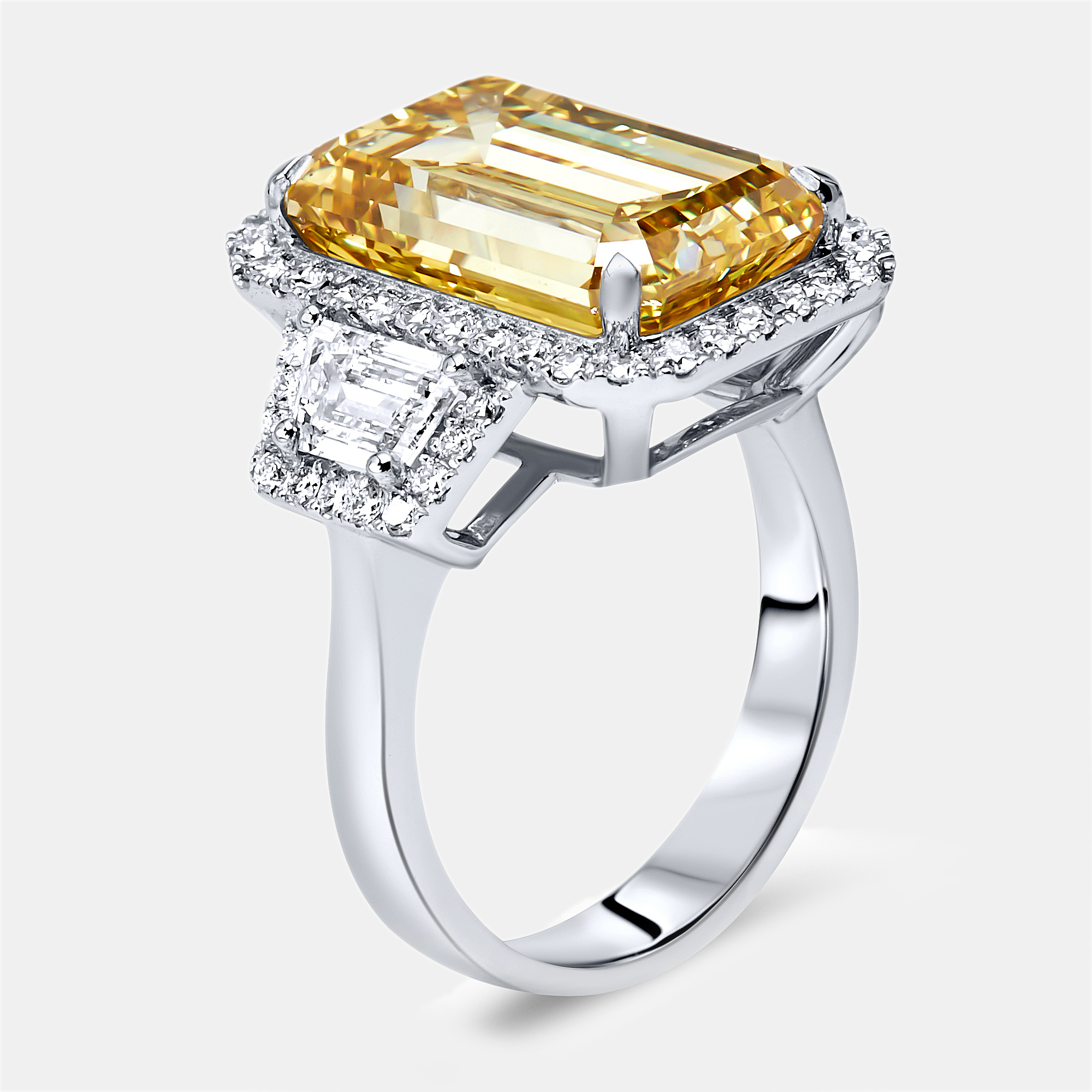 

11.6 cts Yellow Emerald Cut and Round Lab Grown Diamond 18k White Gold Ring Size