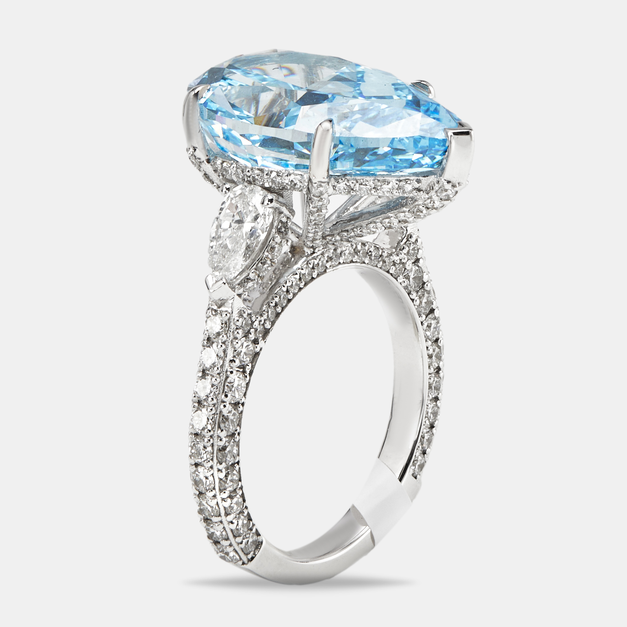 Pre-owned The Diamond Edit 13.3 Cts Fancy Blue Pear Brilliant And Round 18k White Gold Ring Size 52