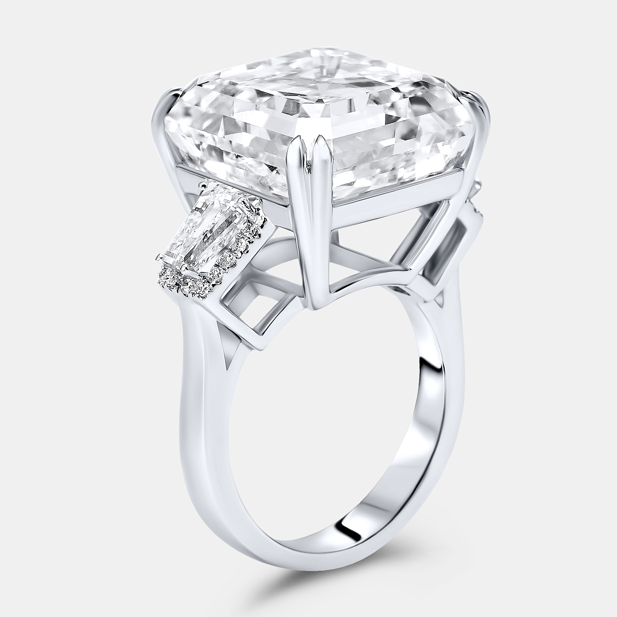 

23.2 cts Asscher, Trapezoid and Round Lab Grown Diamond 18k White Gold Ring Size