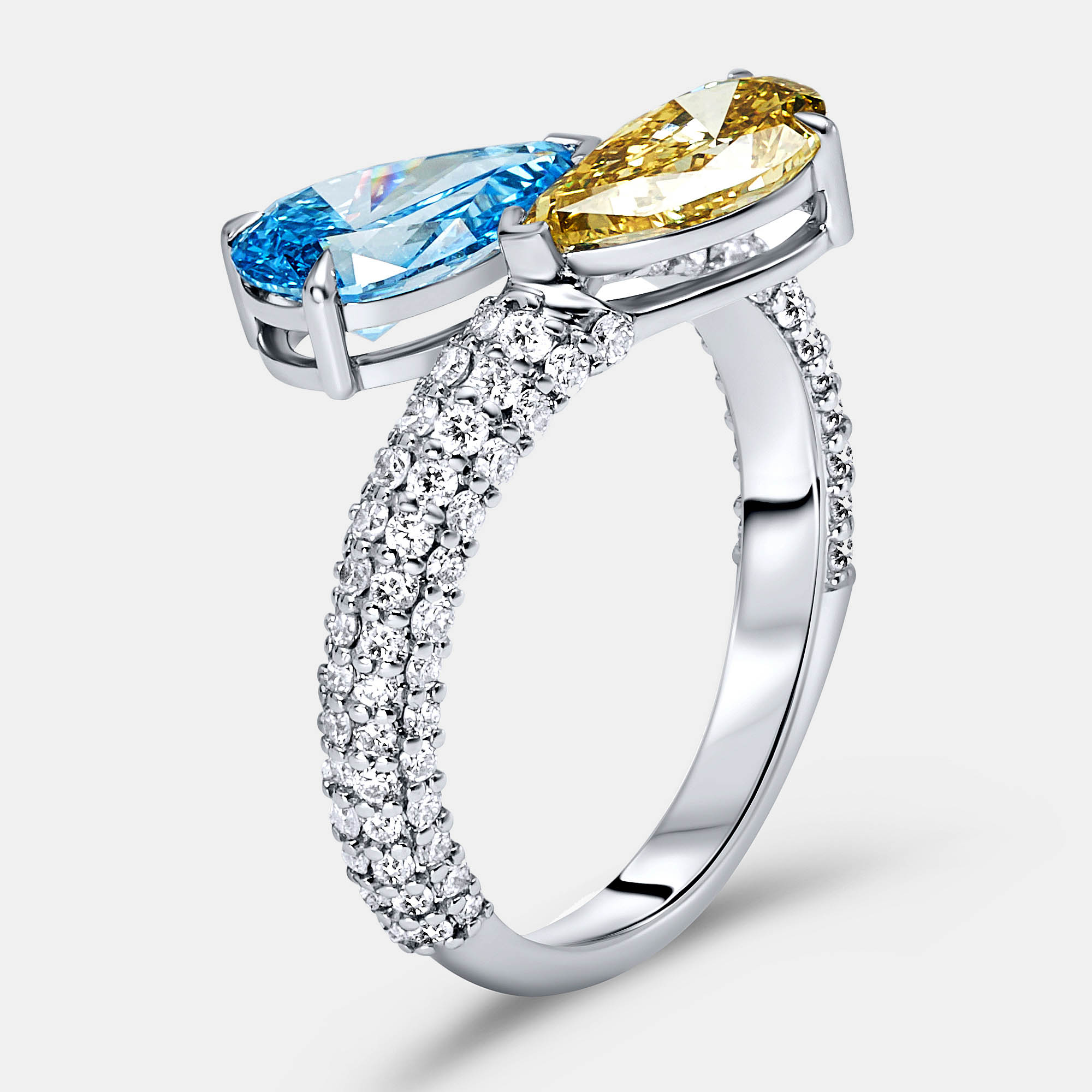 

3 cts Fancy Color Pear and Round Lab Grown Diamond 18k White Gold Ring Size