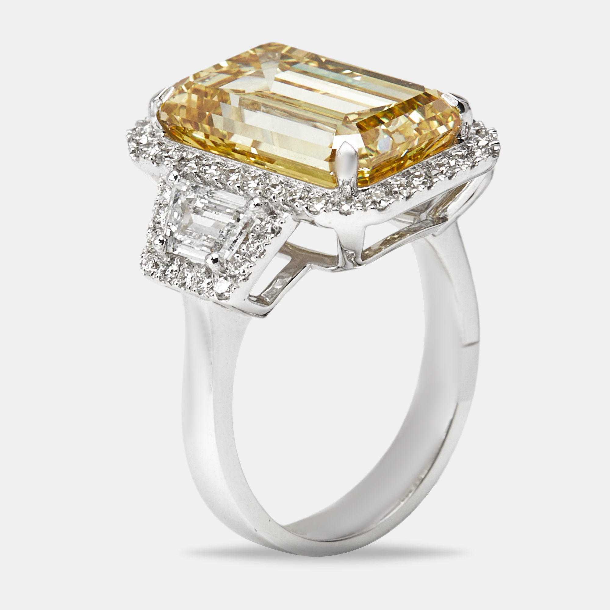 

11.6 cts Yellow Emerald Cut and Round Lab Grown Diamond 18k White Gold Ring Size