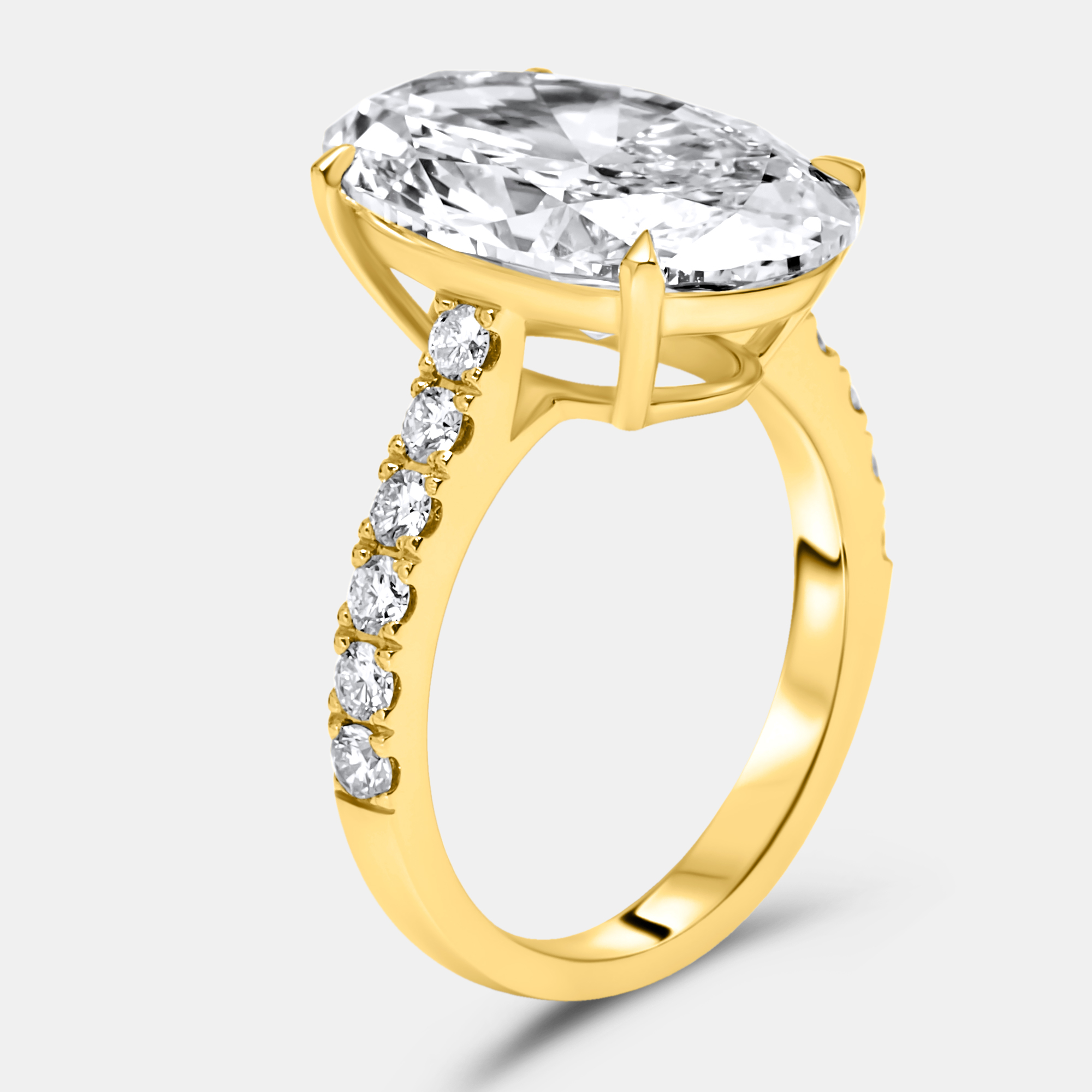 

7.49 cts Oval Brilliant and Round Lab Grown Diamond 18k Yellow Gold Ring Size