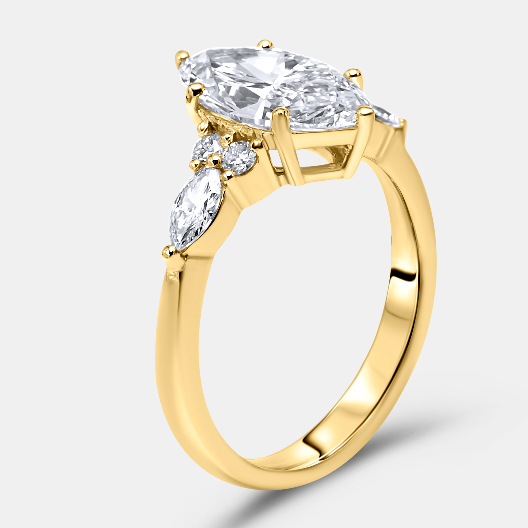 

2.3 cts Marquise and Round 18k Yellow Gold Lab Grown Diamonds Ring Size