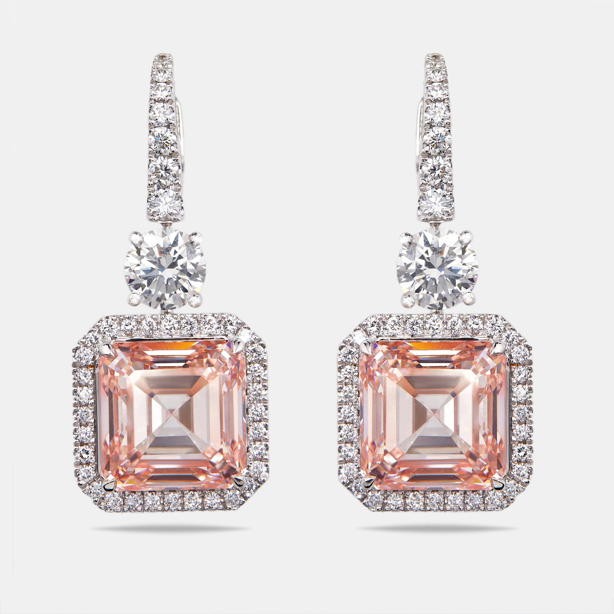 Pre-owned The Diamond Edit 23.4 Cts Pink Asscher Cut Round Lab Grown Diamonds 18k White Gold Earrings