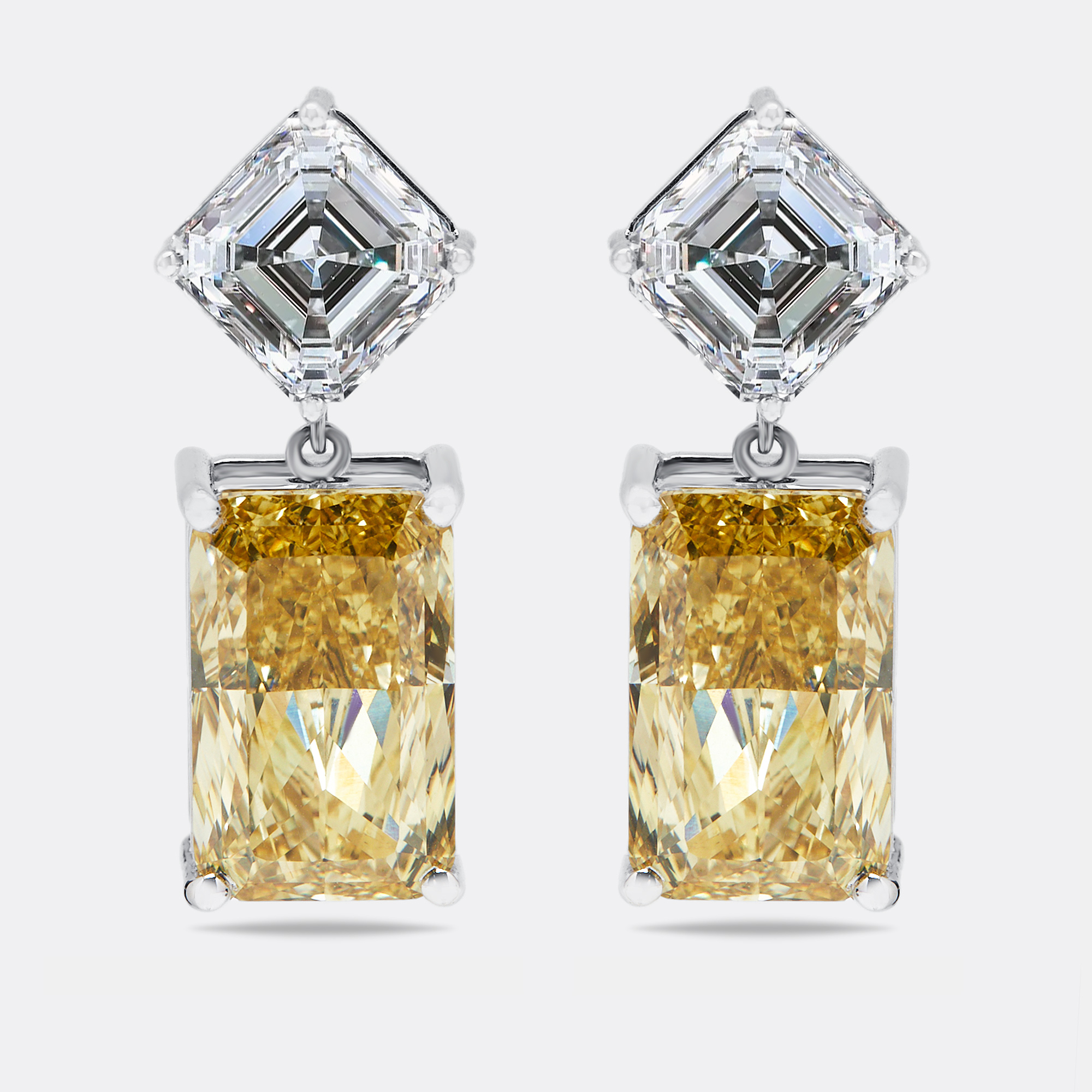 

28.2 cts Fancy Yellow Radiant Asscher Lab Grown Diamonds 18k White Gold Earrings
