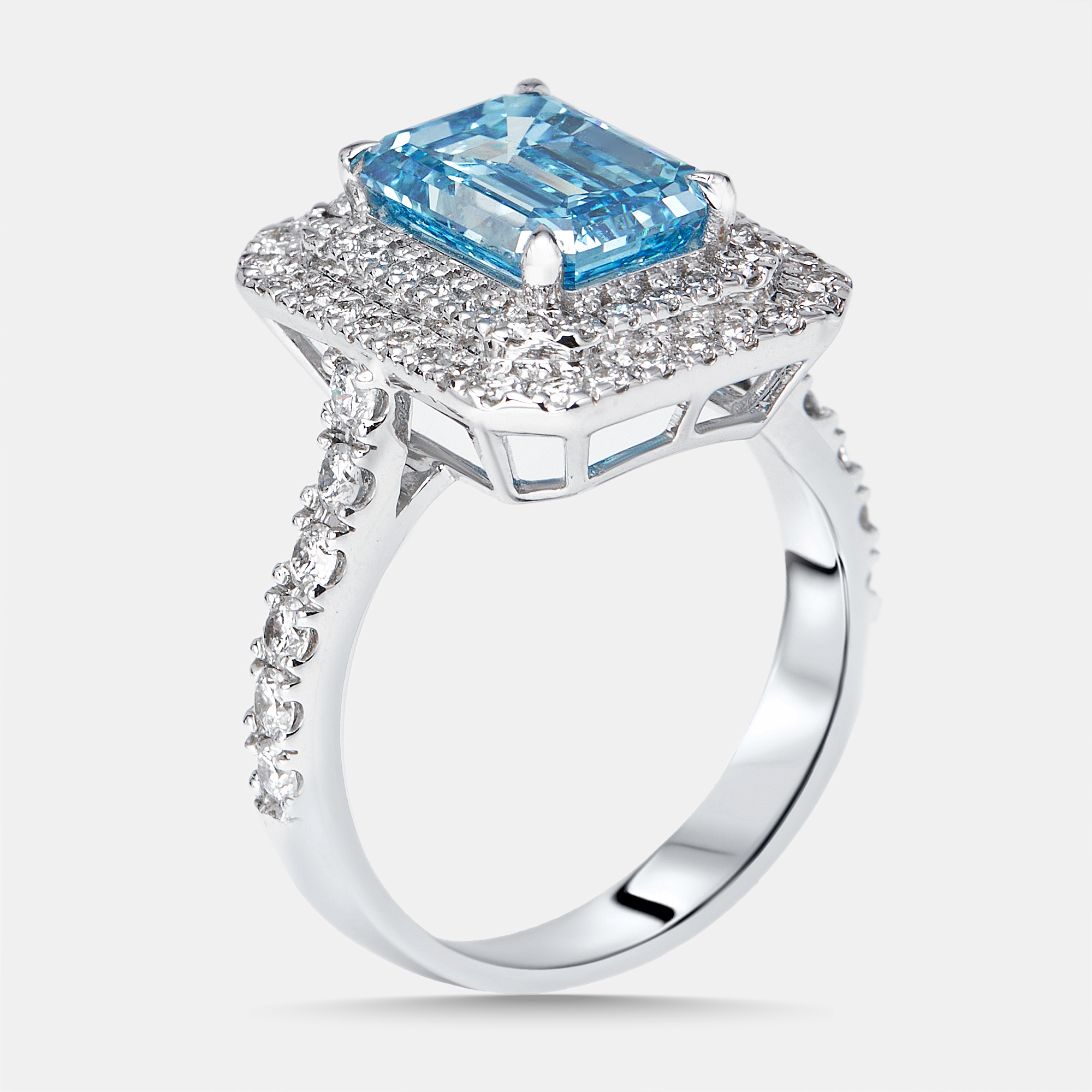 

3.9 cts Vivid Blue Emerald, Round Lab Grown Diamonds 18k White Gold Ring Size